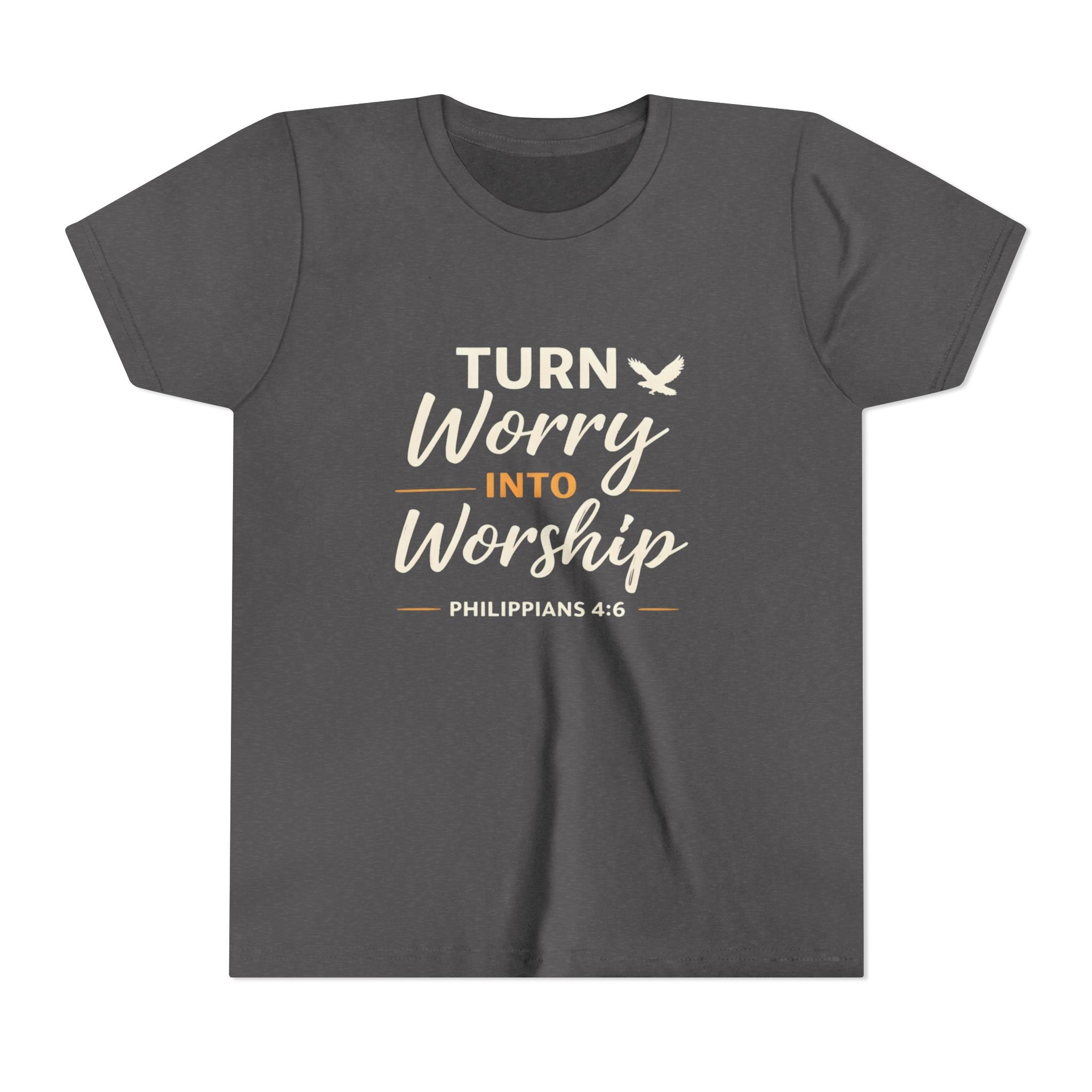 Girls Youth Tee - "Turn Worry Into Worship" Philippians 4:6 Christian Kids Shirt