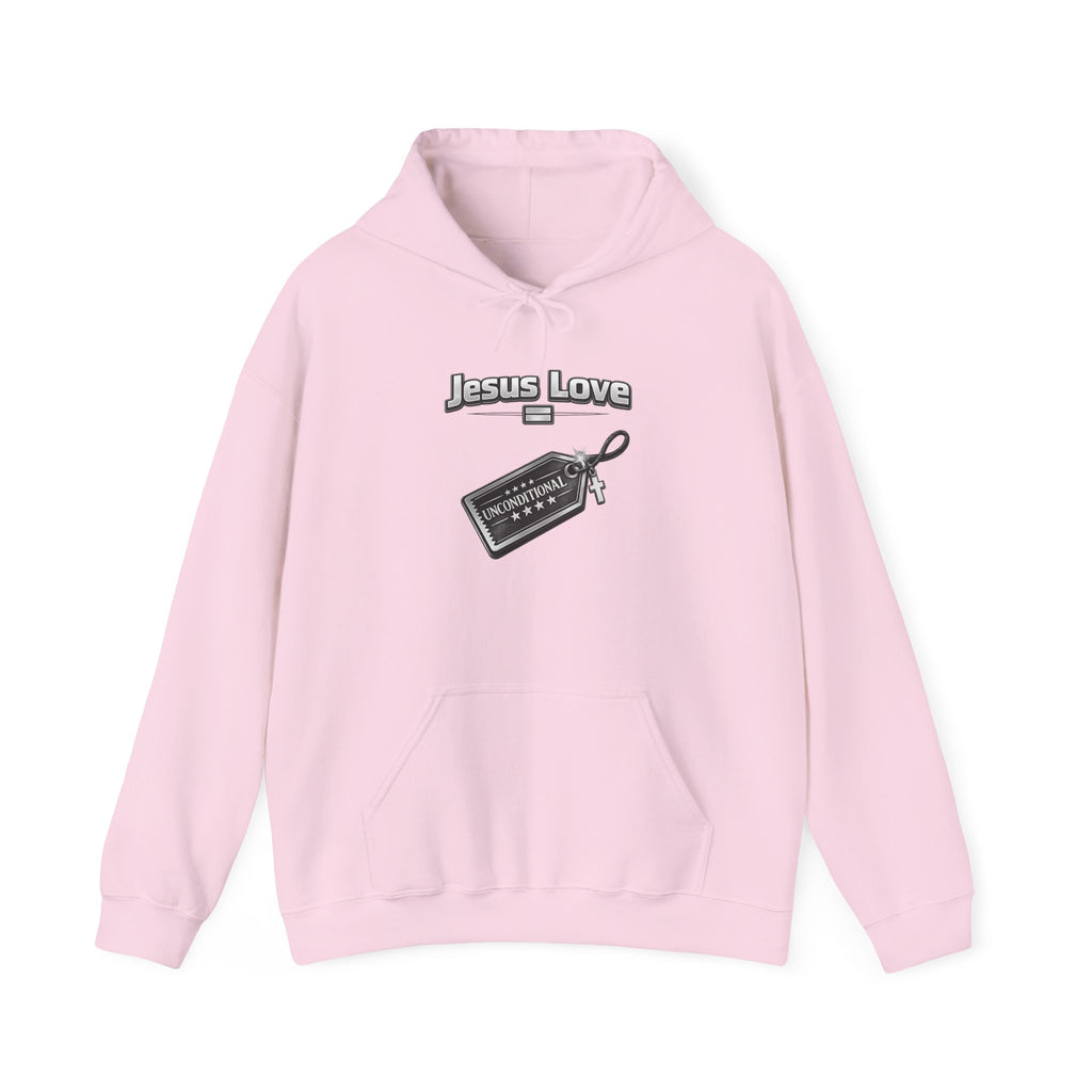 Jesus Love Hoodie with Cross & Tag Graphic — Christian Faith Pullover