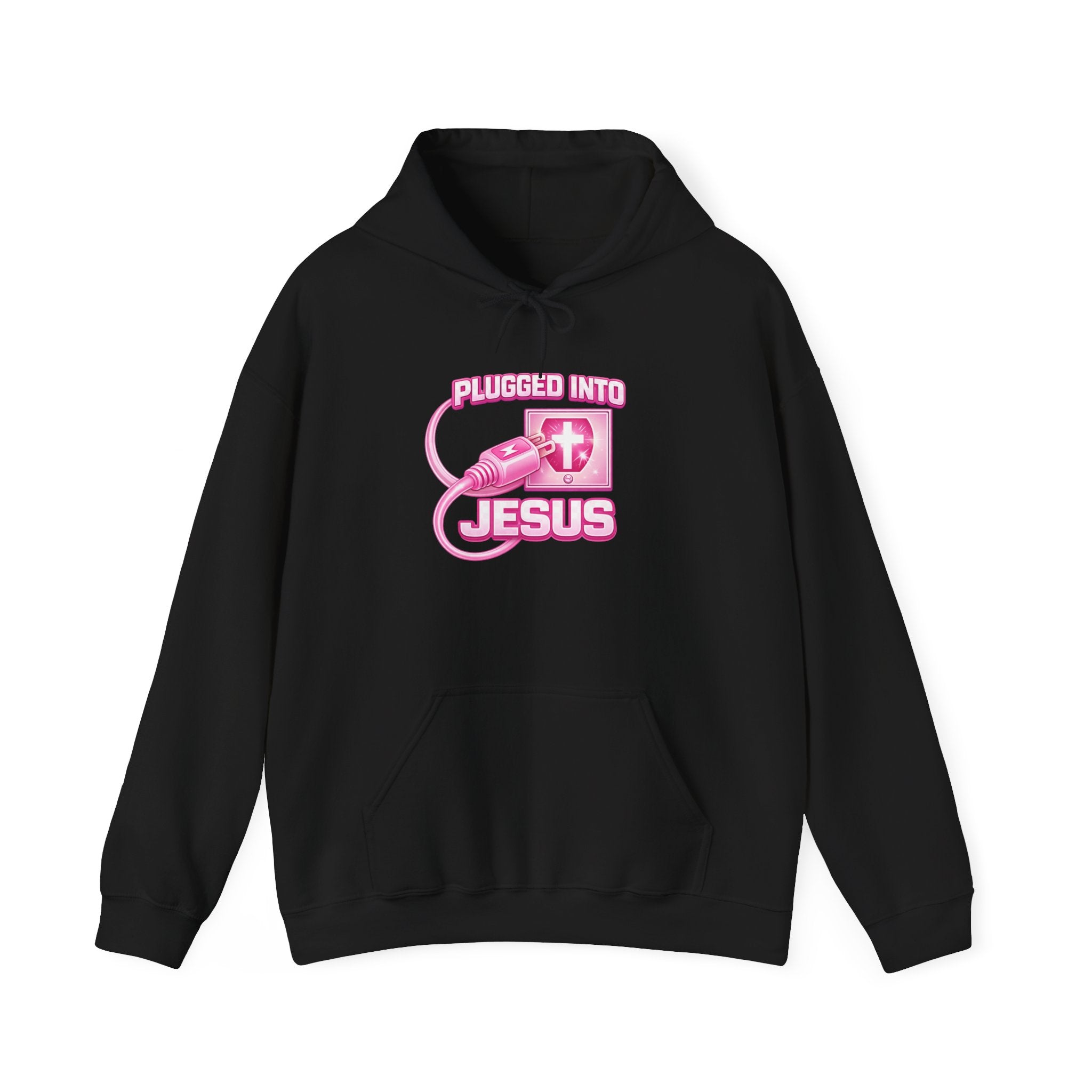 Plugged Into Jesus Hoodie — Pink Christian Faith Graphic Sweatshirt