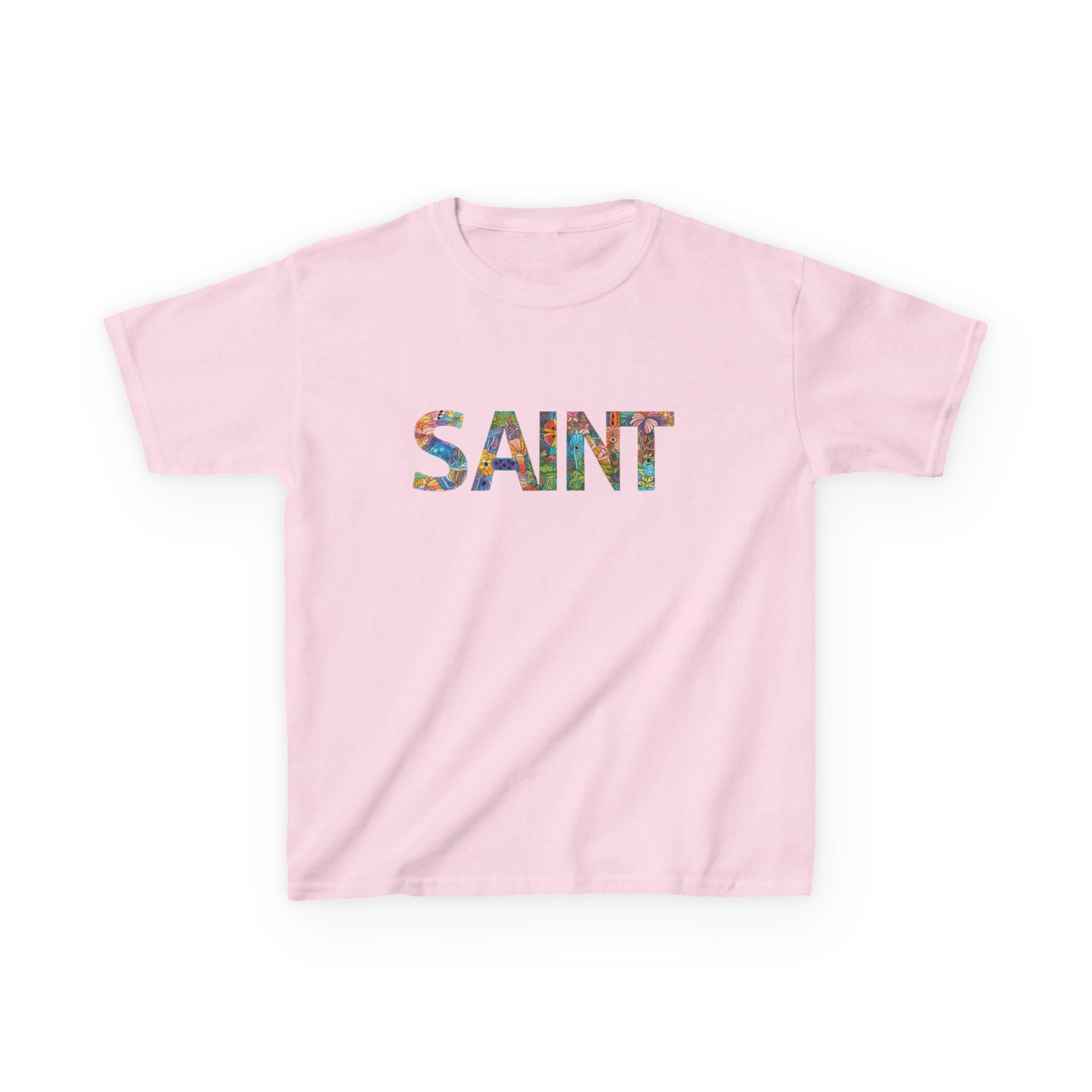 Girls Saint Kids T‑Shirt — Colorful Patterned Lettering Tee for Children