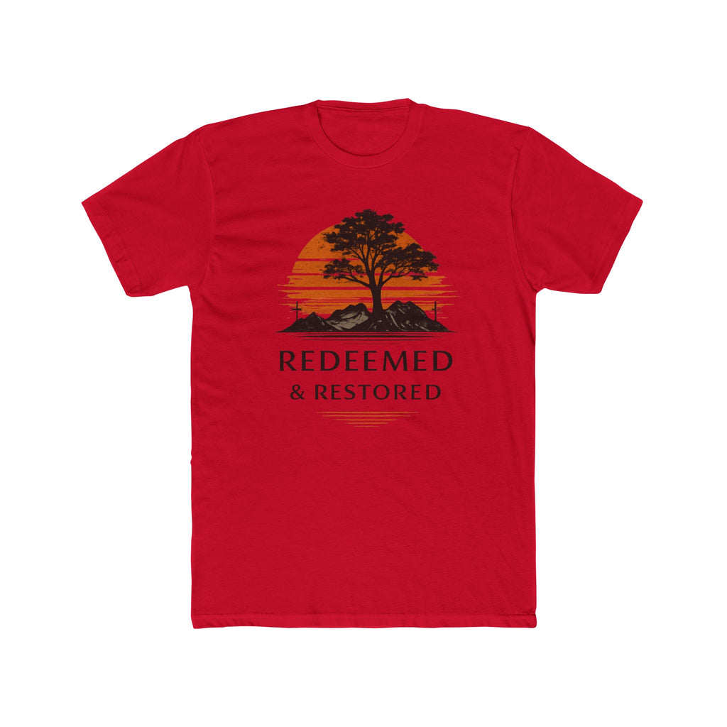Redeemed & Restored Tee — Faith-Inspired Tree Sunset Graphic T-Shirt