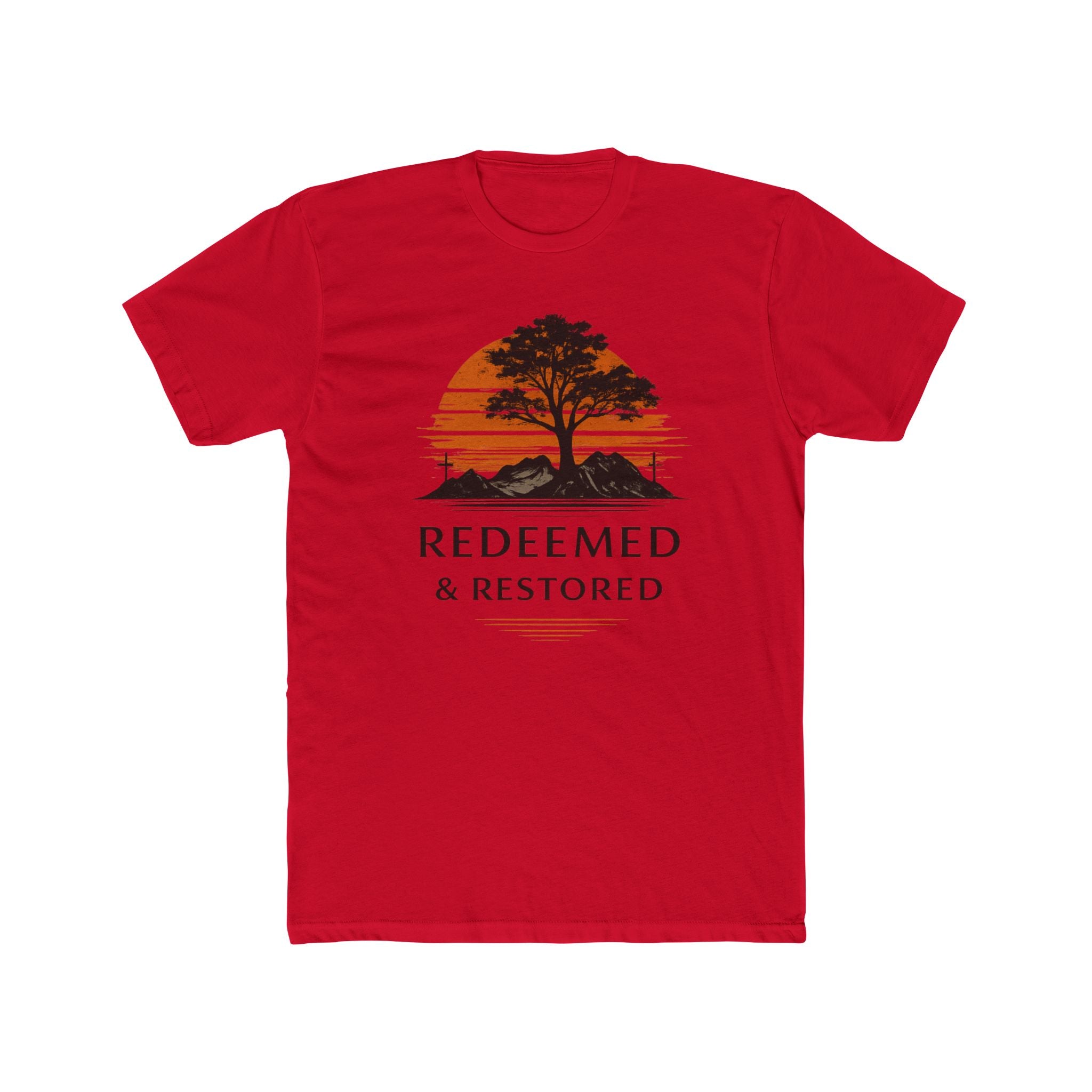 Redeemed & Restored Tee — Faith-Inspired Tree Sunset Graphic T-Shirt