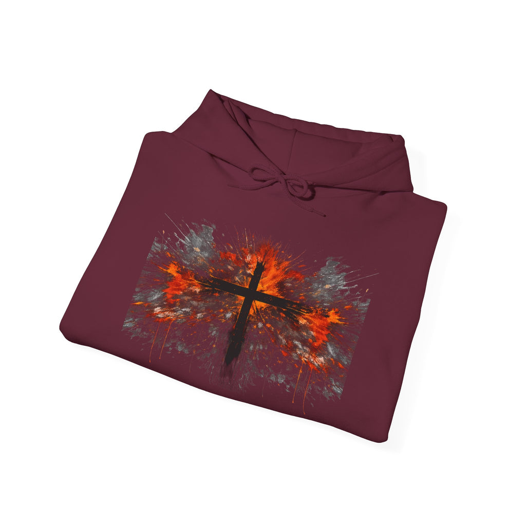 Mens Christian Cross Hoodie — Grunge Red & Black Faith Pullover