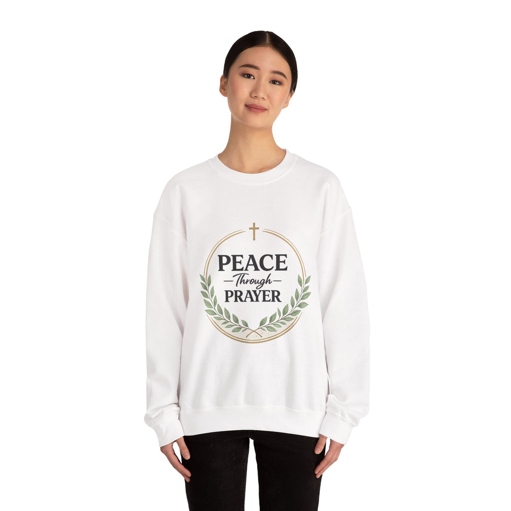 Womens Peace Through Prayer Crewneck Sweatshirt — Christian Faith Graphic Sweatshirt