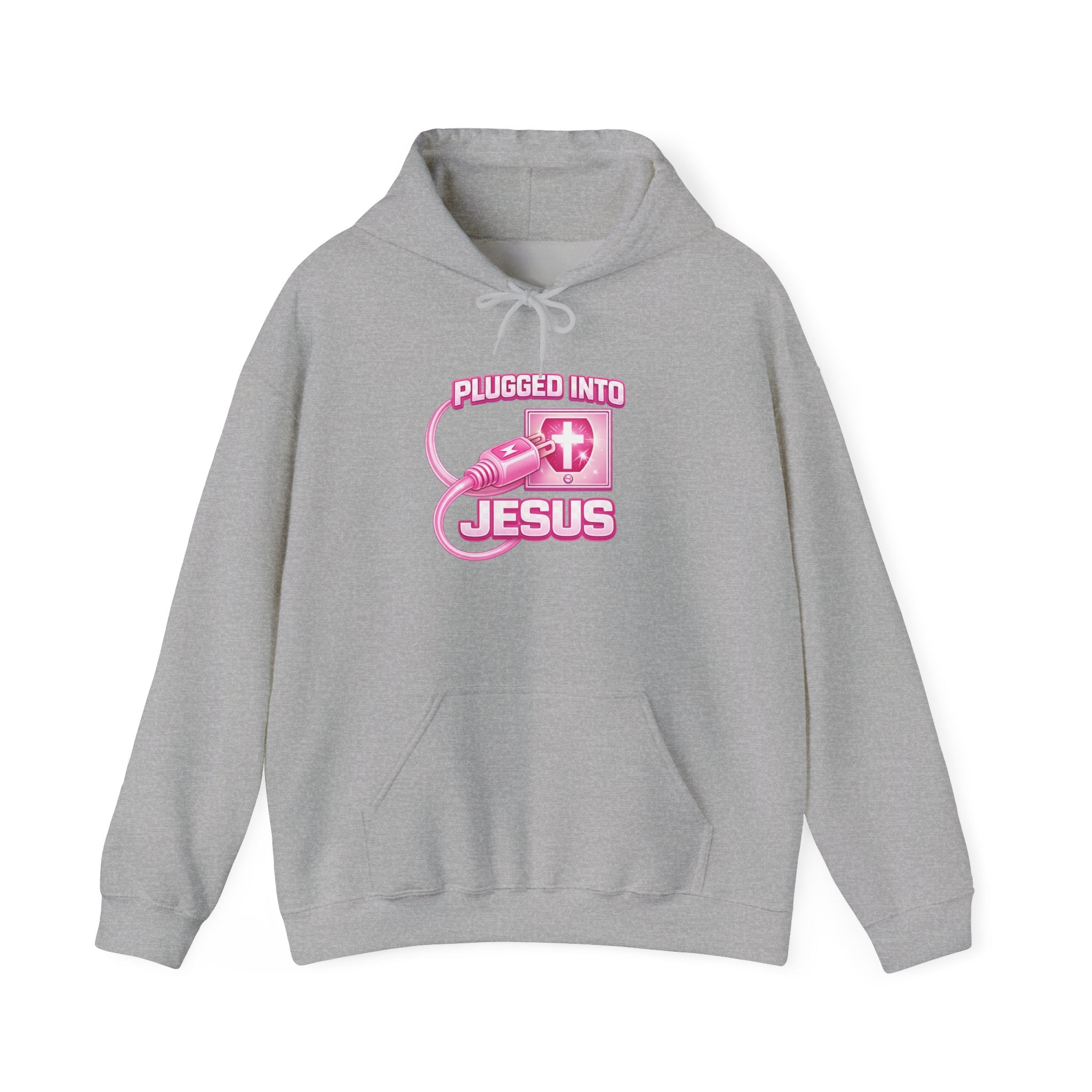 Plugged Into Jesus Hoodie — Pink Christian Faith Graphic Sweatshirt
