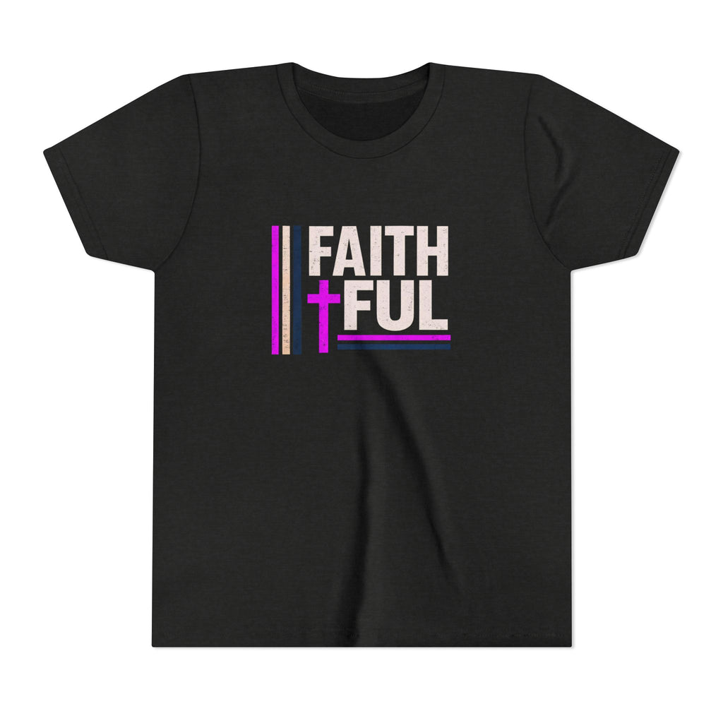 Girls Faithful Youth Tee — Kids Christian Cross T-Shirt (Pink & Black)
