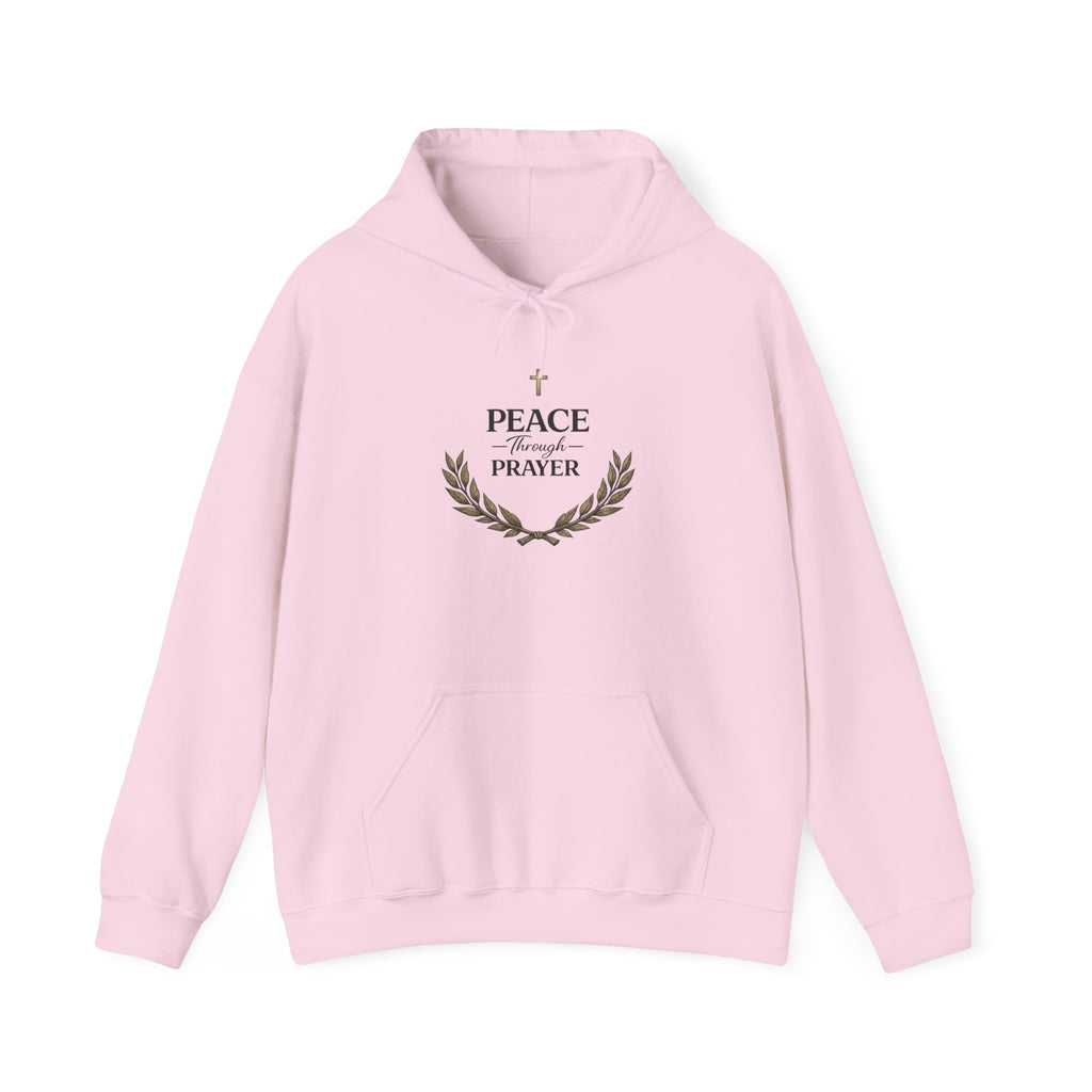 Mens Hoodie "Peace Through Prayer" Religious Laurel Cross Hoodie