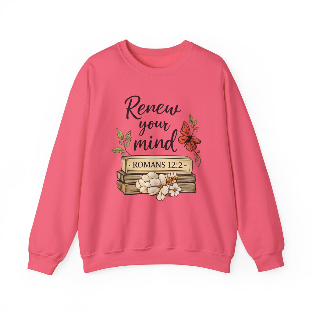 Womens Crewneck Sweatshirt - "Renew Your Mind" Romans 12:2 Floral Christian Pullover