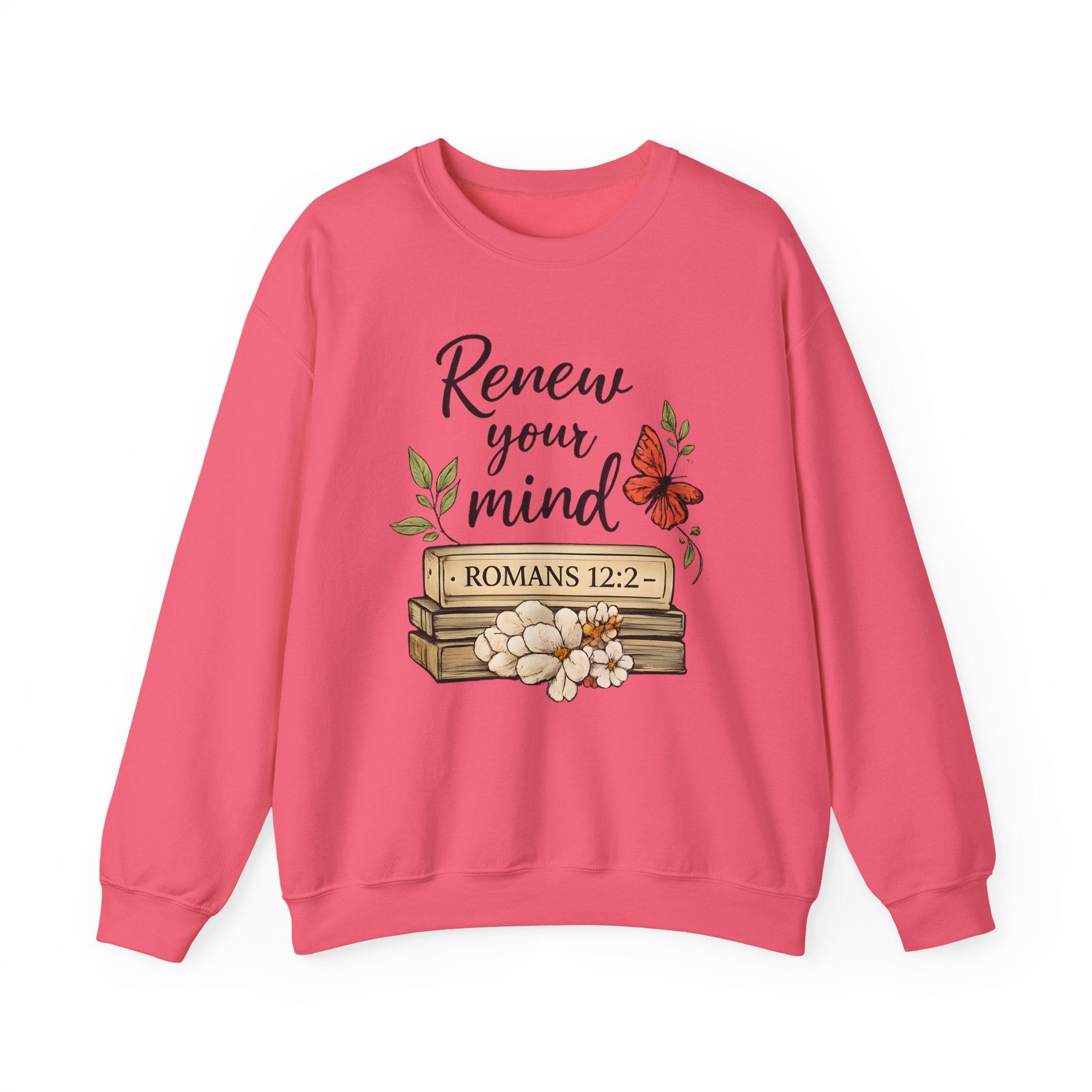 Womens Crewneck Sweatshirt - "Renew Your Mind" Romans 12:2 Floral Christian Pullover