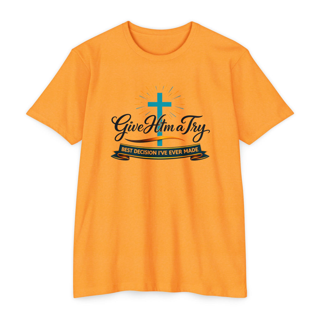 Womens Give Him a Try cross design T-Shirt | Christian faith shirt