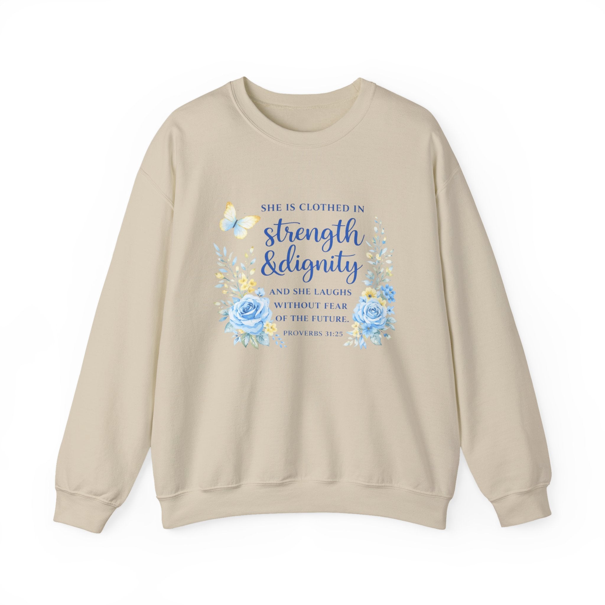 Womens Strength & Dignity Crewneck Sweatshirt — Inspirational Floral Scripture Design