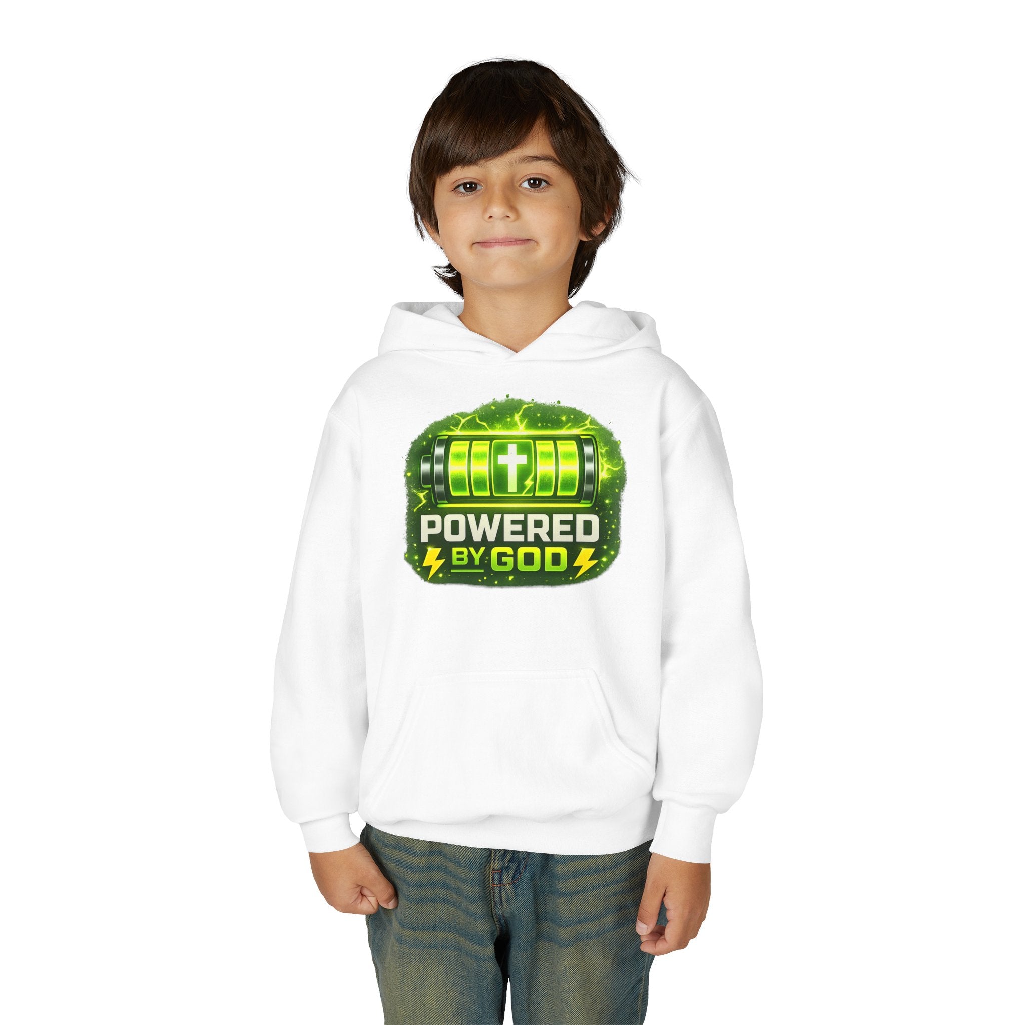 Youth Hoodie — "Powered by God" Green Battery Christian Sweatshirt