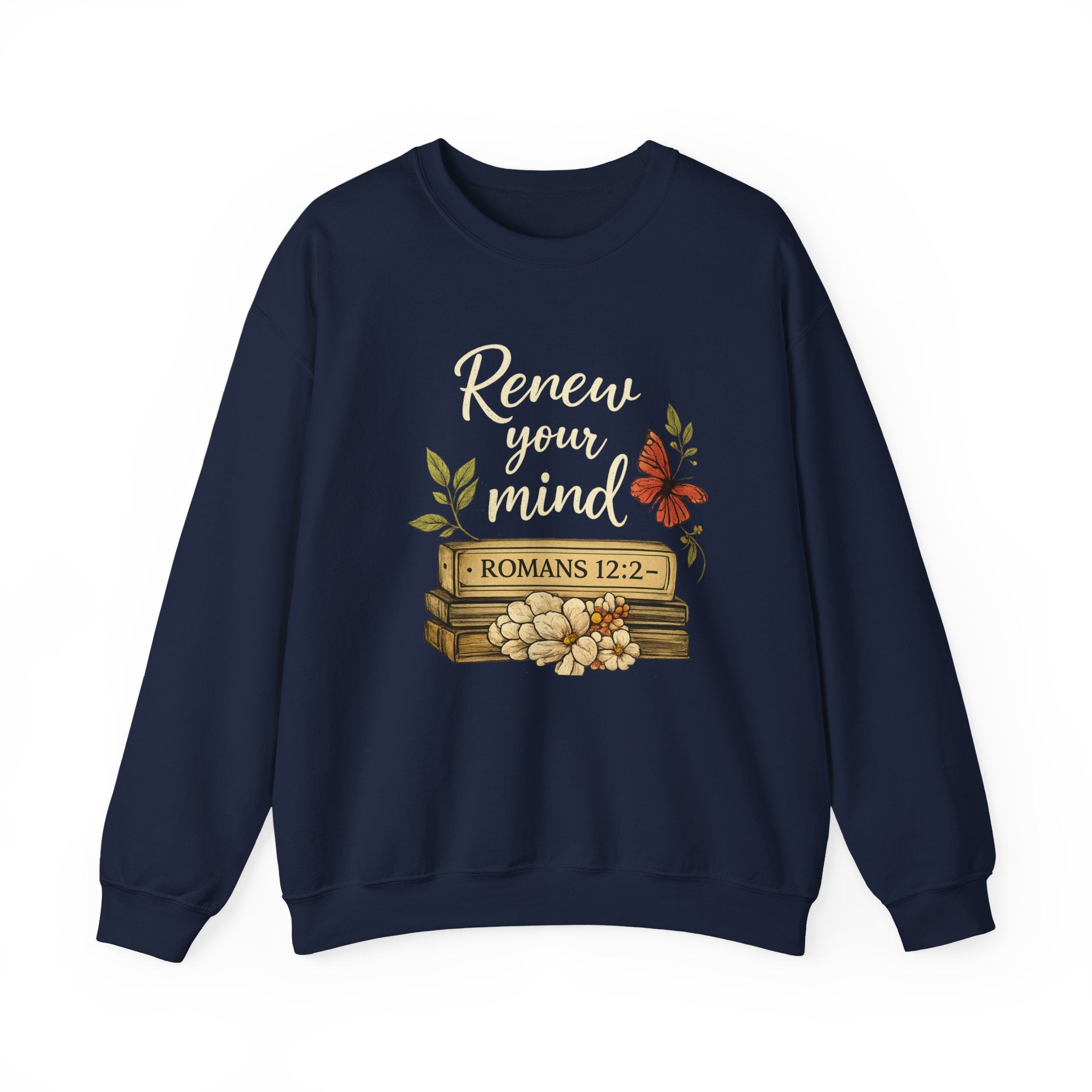Womens Crewneck Sweatshirt - "Renew Your Mind" Romans 12:2 Floral Christian Pullover