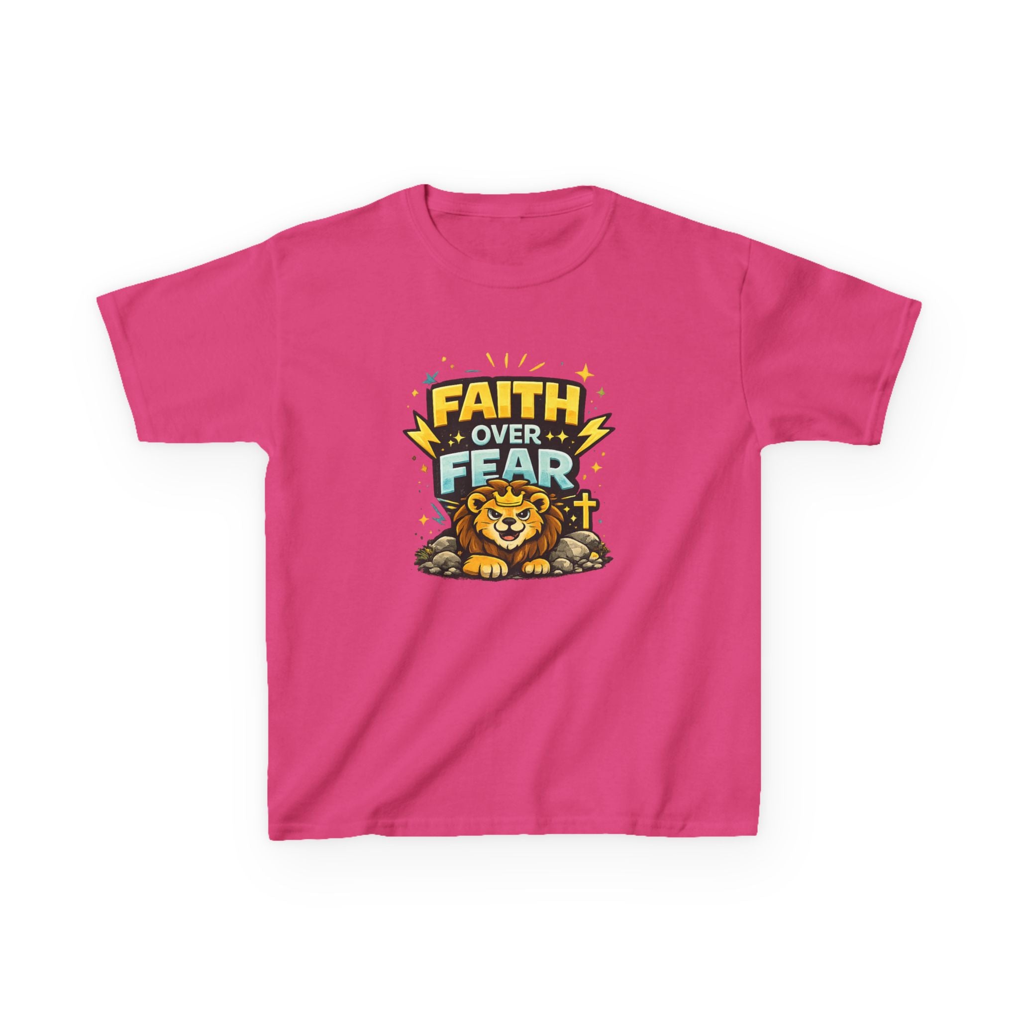Kids Tee — "Faith Over Fear" Lion Graphic Christian Shirt