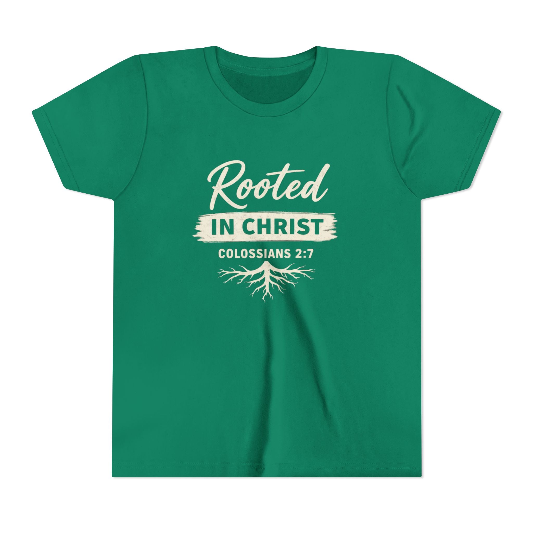 Girls Youth Tee - "Rooted in Christ" Colossians 2:7 Christian Kids Shirt
