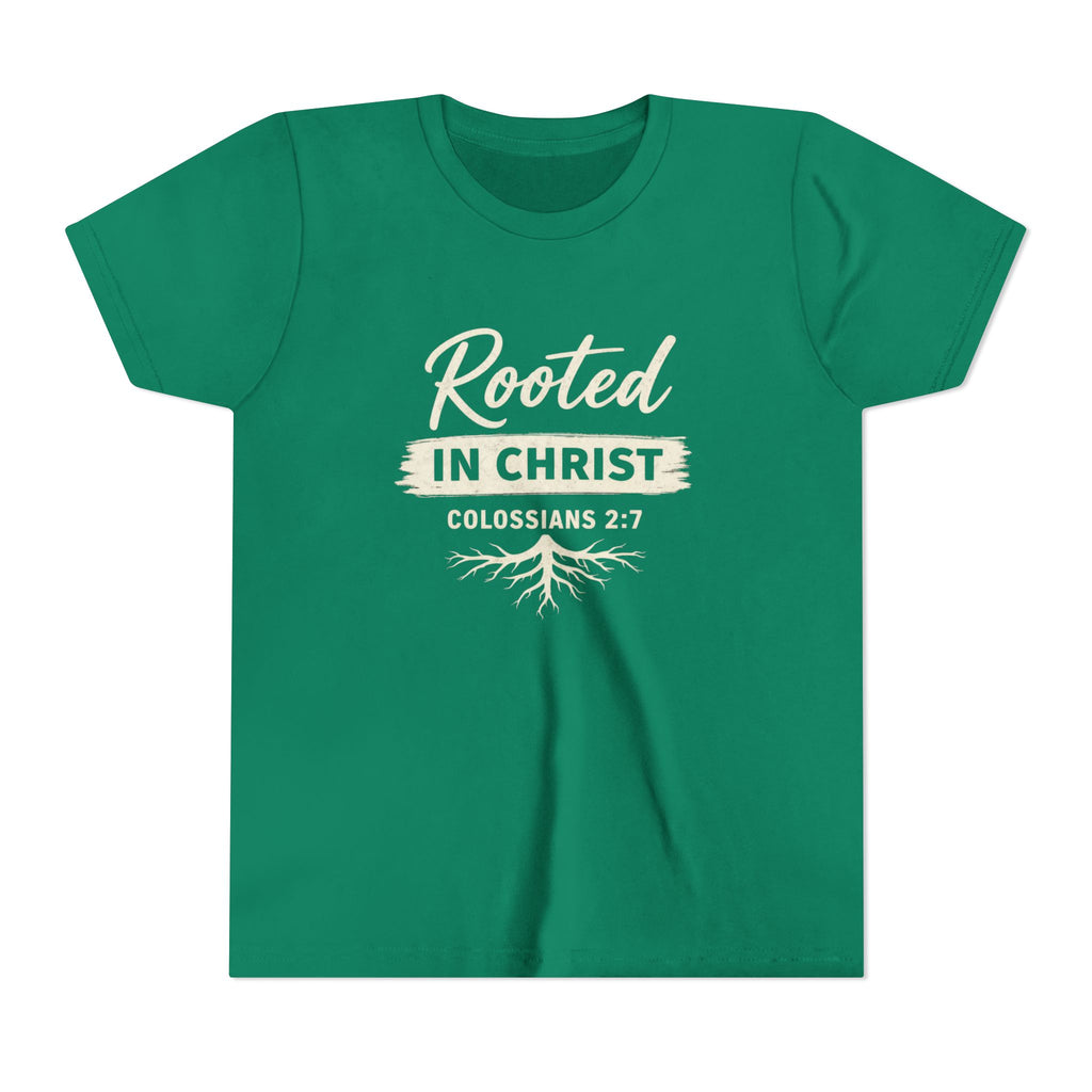 Boys Youth Tee - "Rooted in Christ" Colossians 2:7 Christian Kids Shirt