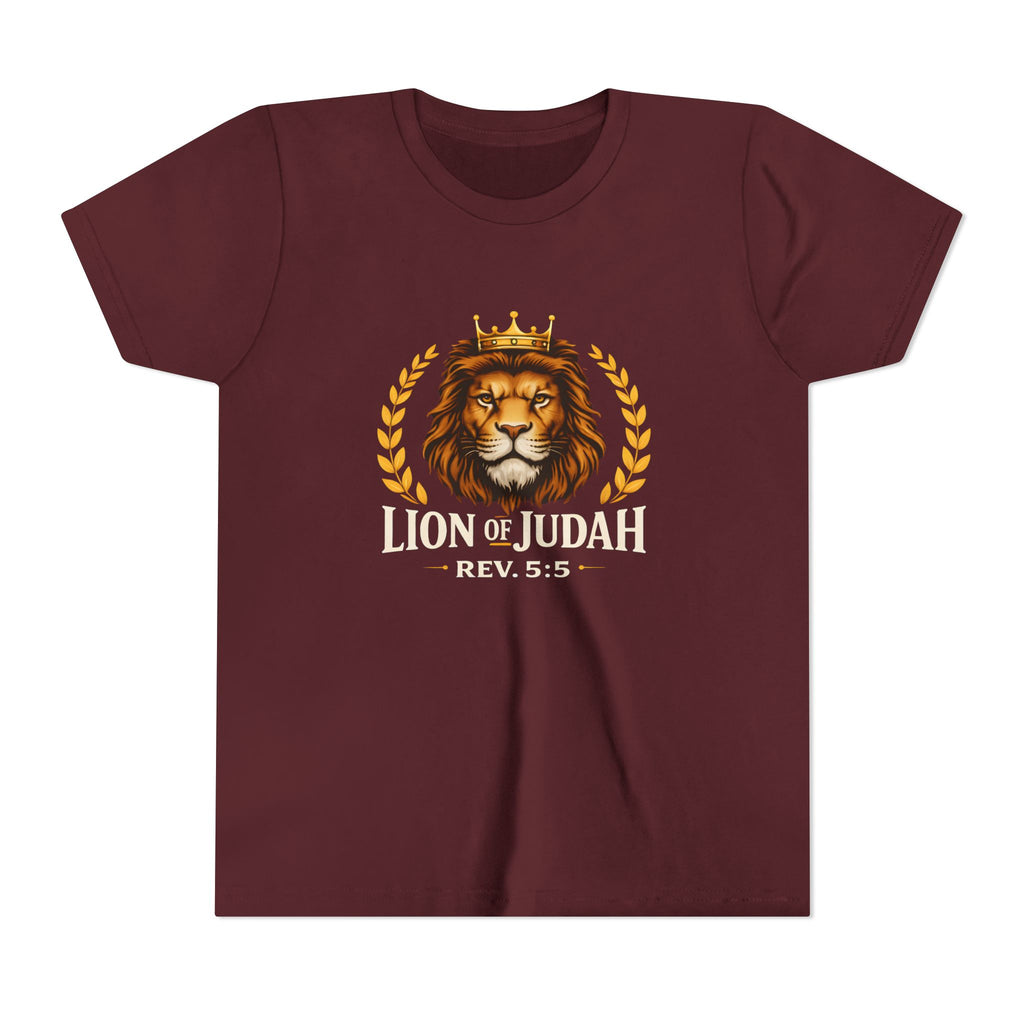 Boys Youth T-Shirt — 'Lion of Judah' Crowned Lion Biblical Tee (Rev. 5:5)