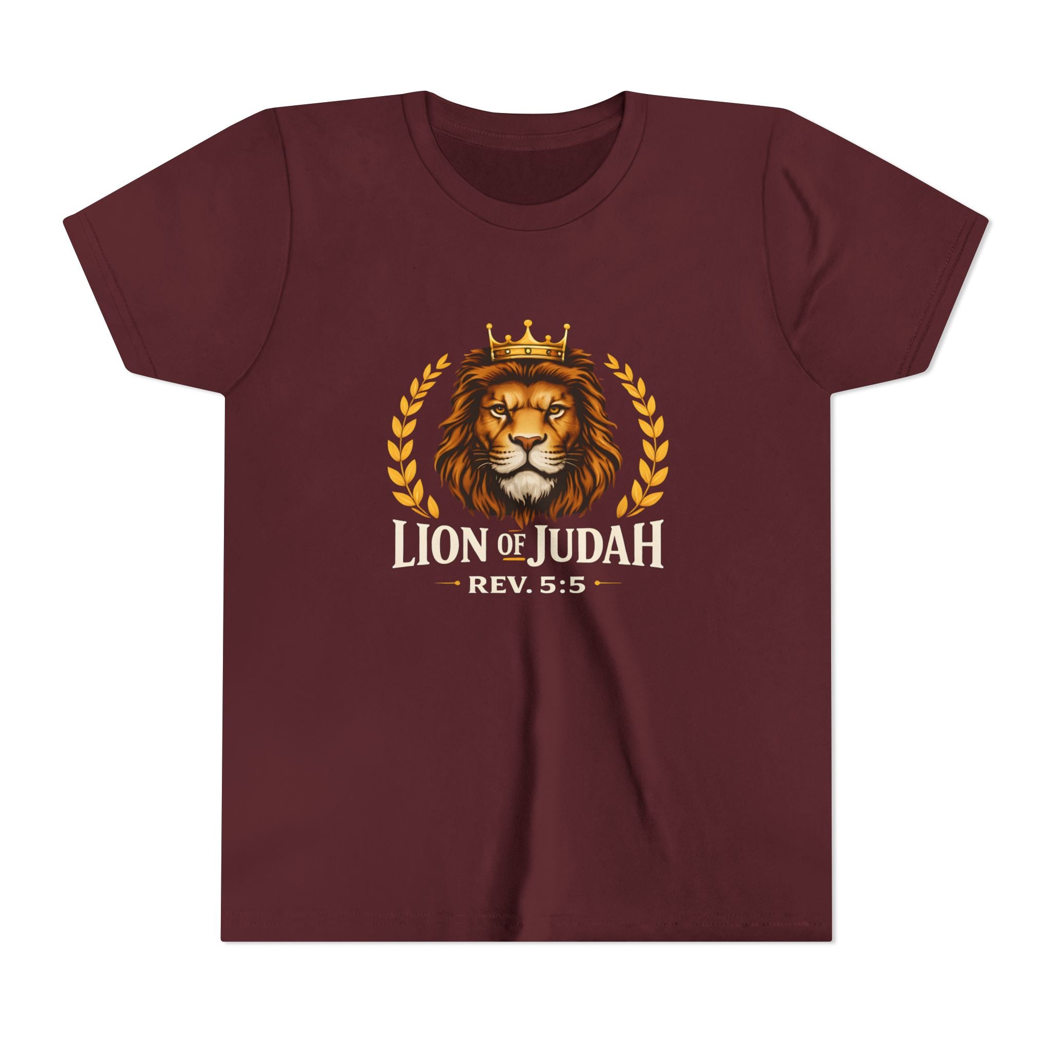 Boys Youth T-Shirt — 'Lion of Judah' Crowned Lion Biblical Tee (Rev. 5:5)