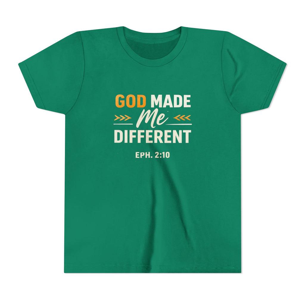 Girls Youth Tee – "God Made Me Different" Christian Kids T‑Shirt (Eph. 2:10)