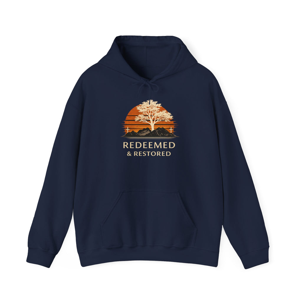 Mens Redeemed & Restored Hoodie — Inspirational Christian Tree Sunset Pullover