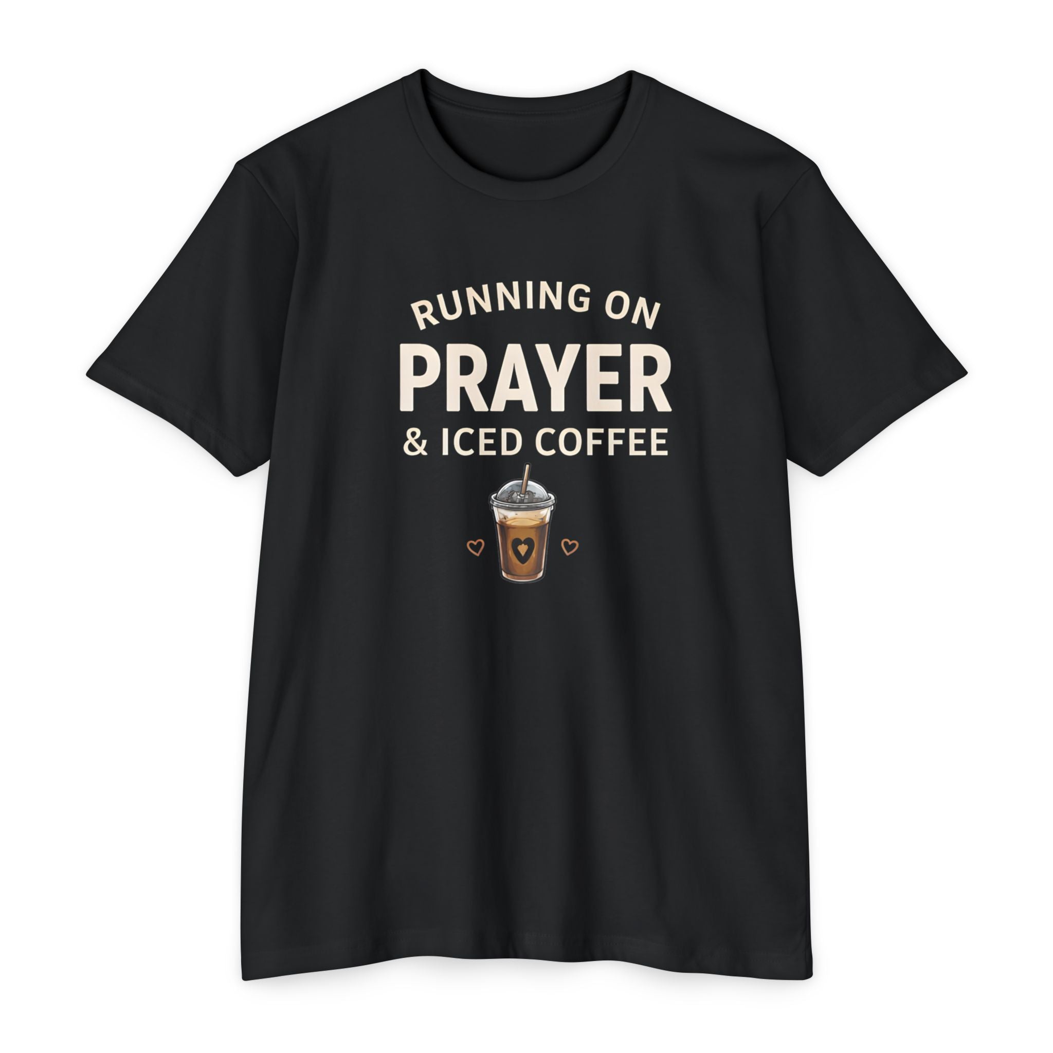 Prayer & Iced Coffee T-Shirt — "Running on Prayer & Iced Coffee" Christian Coffee Tee