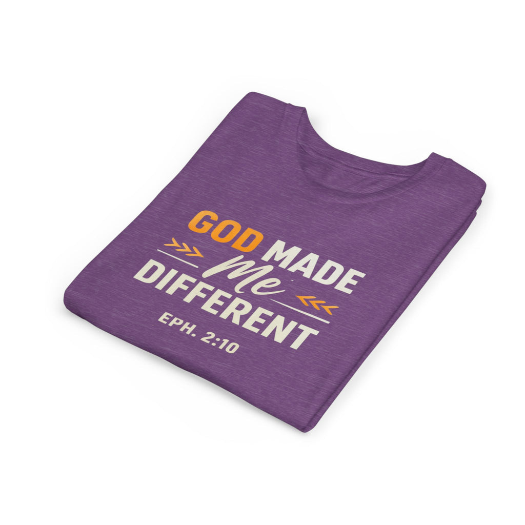 Girls Youth Tee – "God Made Me Different" Christian Kids T‑Shirt (Eph. 2:10)