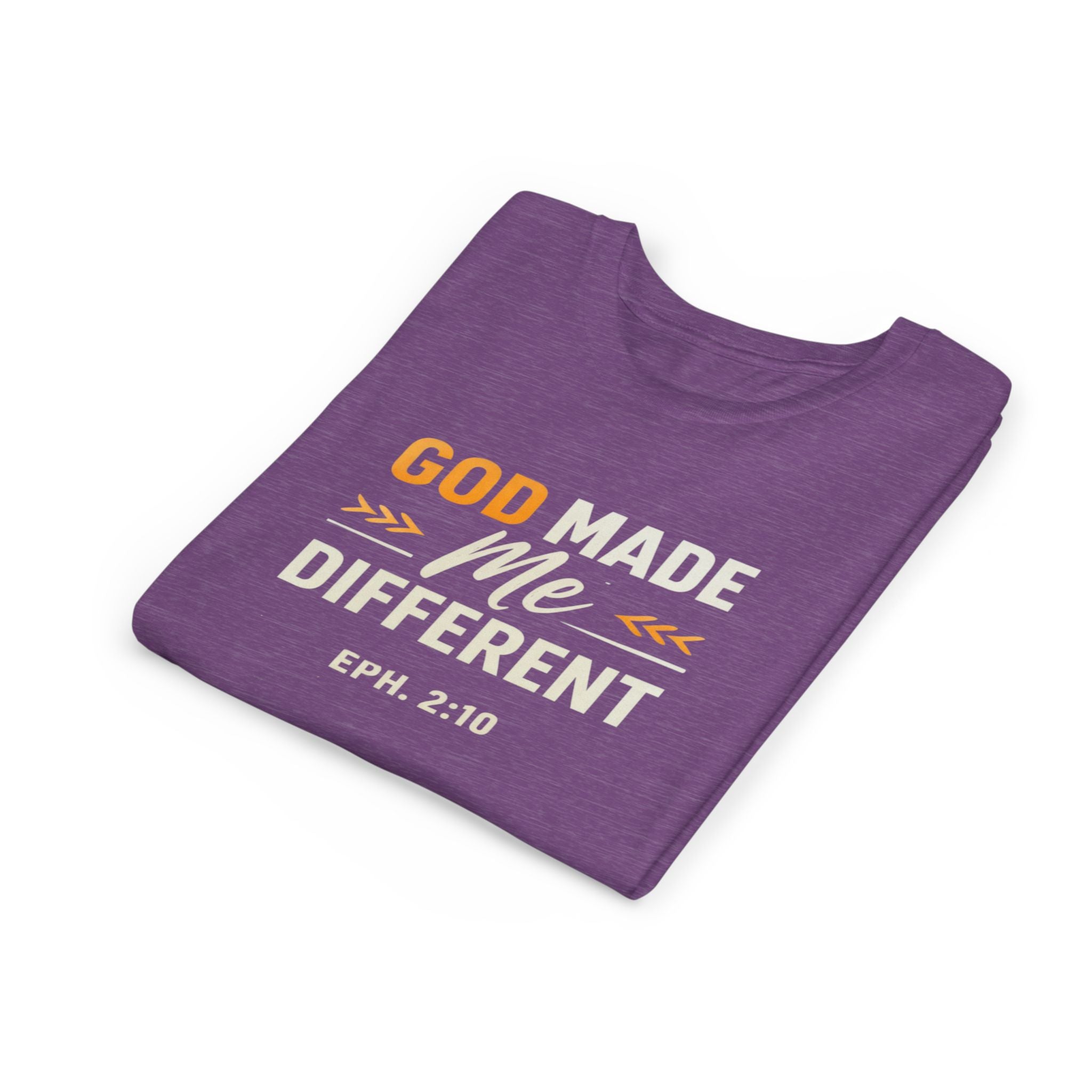 Girls Youth Tee – "God Made Me Different" Christian Kids T‑Shirt (Eph. 2:10)