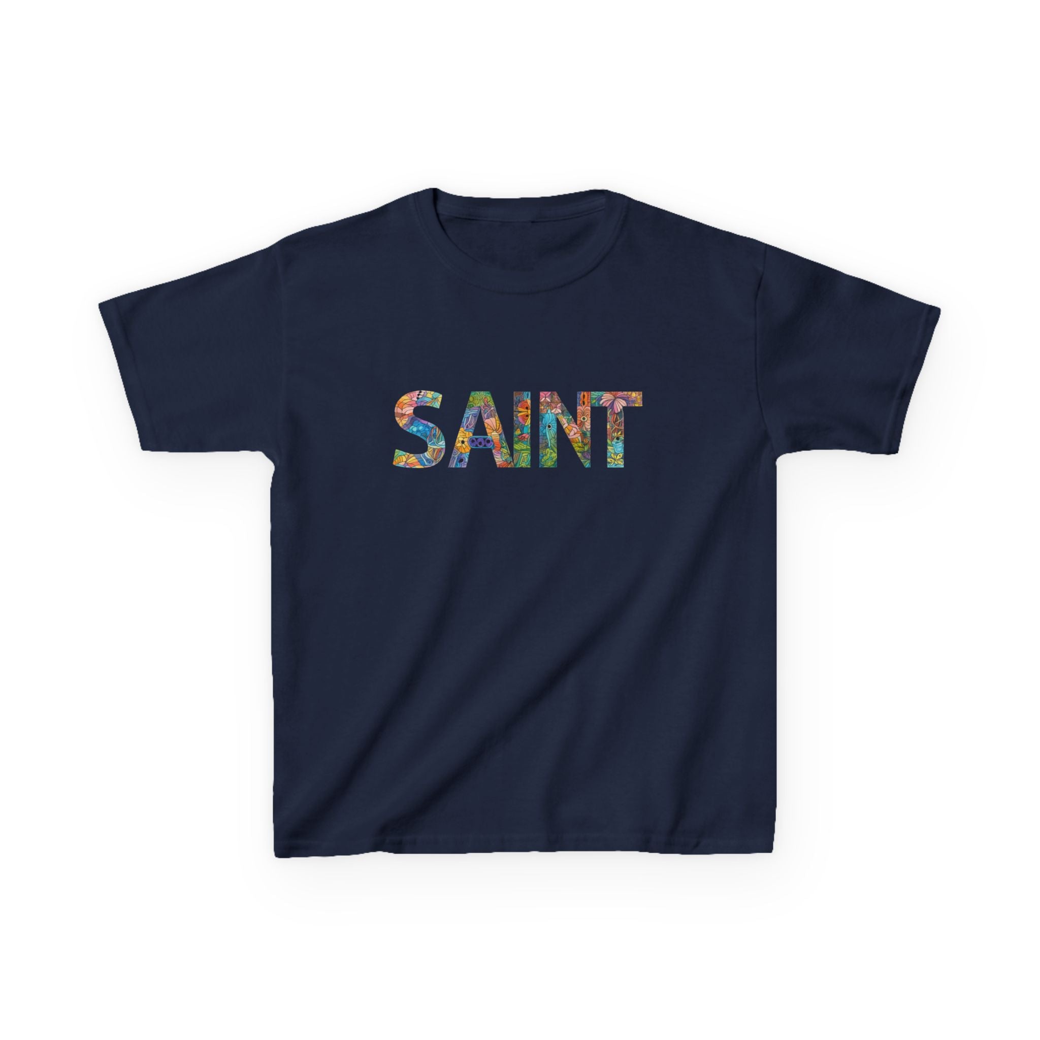 Girls Saint Kids T‑Shirt — Colorful Patterned Lettering Tee for Children