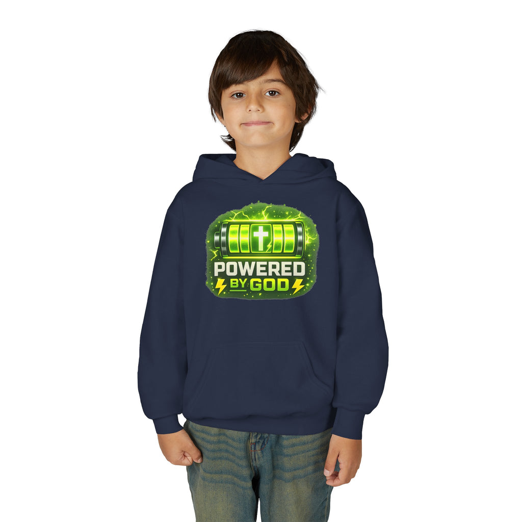 Youth Hoodie — "Powered by God" Green Battery Christian Sweatshirt