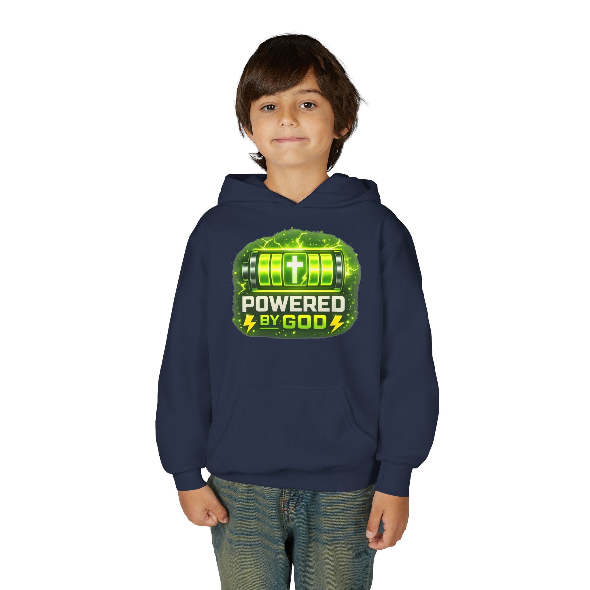 Youth Hoodie — "Powered by God" Green Battery Christian Sweatshirt