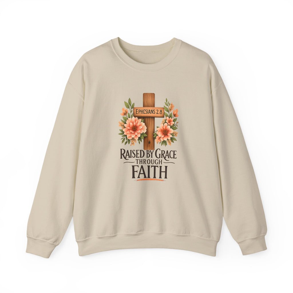 Faith Crewneck Sweatshirt — "Raised by Grace Through Faith" Floral Cross