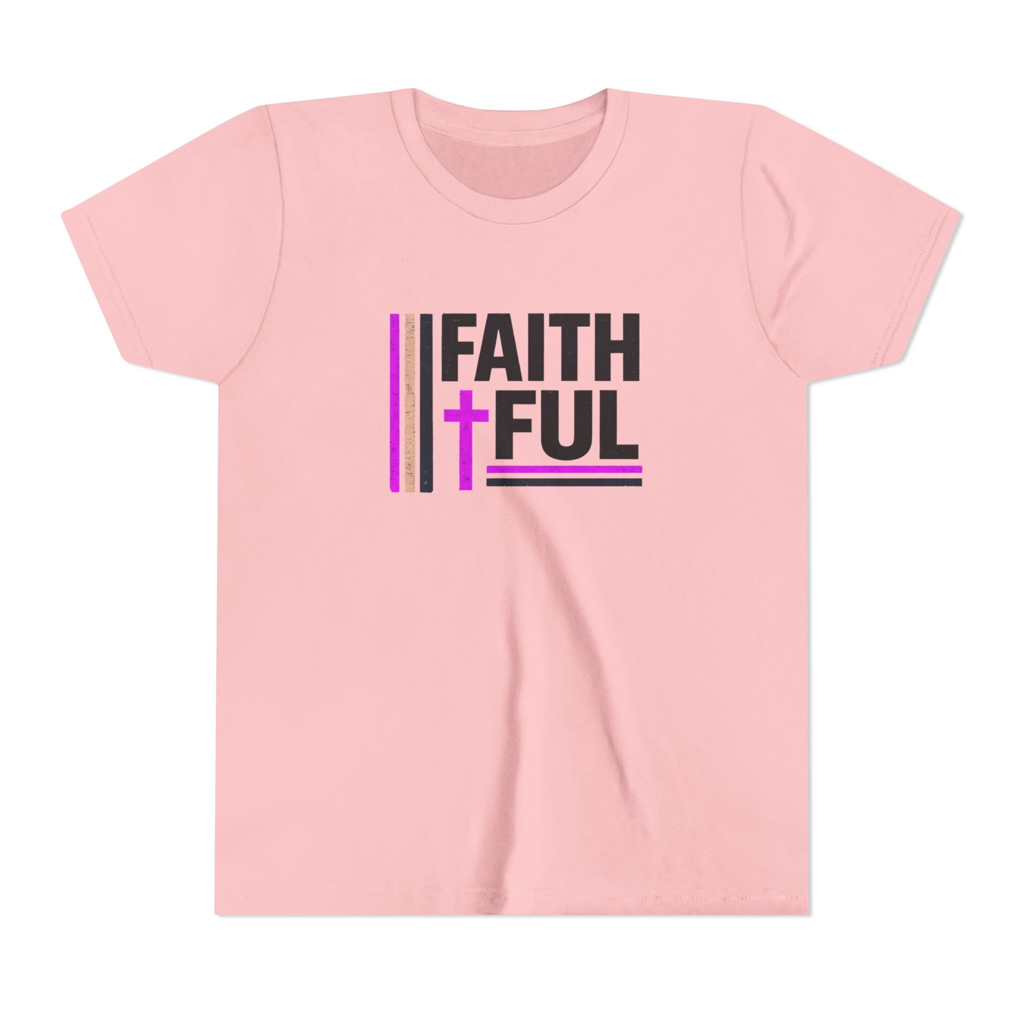 Girls Faithful Youth Tee — Kids Christian Cross T-Shirt (Pink & Black)