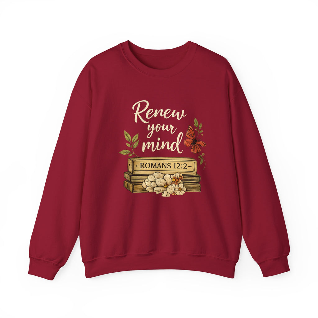 Womens Crewneck Sweatshirt - "Renew Your Mind" Romans 12:2 Floral Christian Pullover