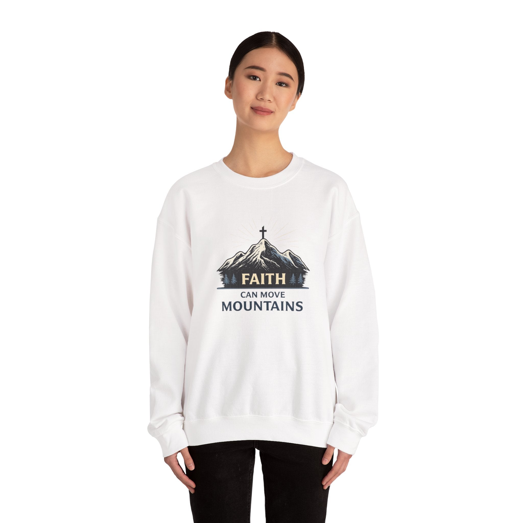 Womens Faith Can Move Mountains Crewneck Sweatshirt – Christian Inspirational Pullover