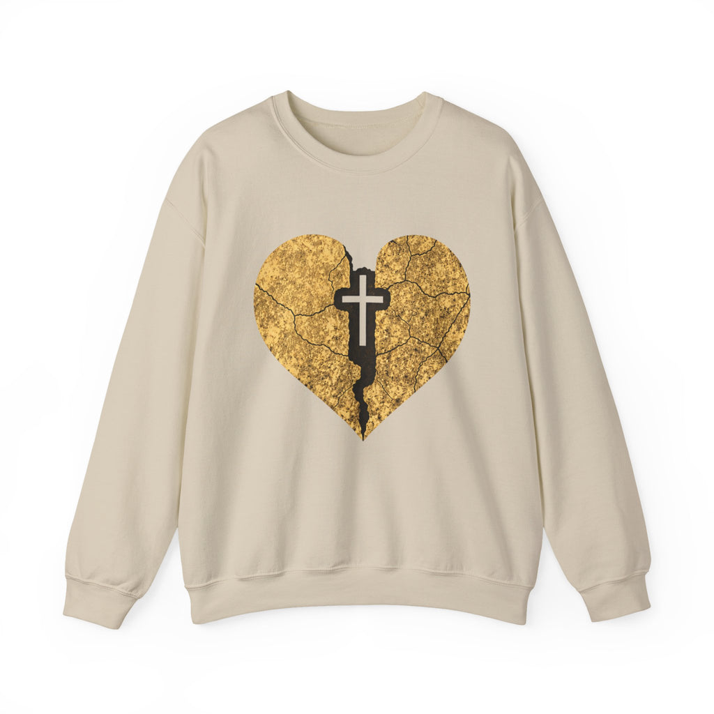 Womens Heart Crack Cross Crewneck Sweatshirt — Gold Distressed Christian Faith Pullover