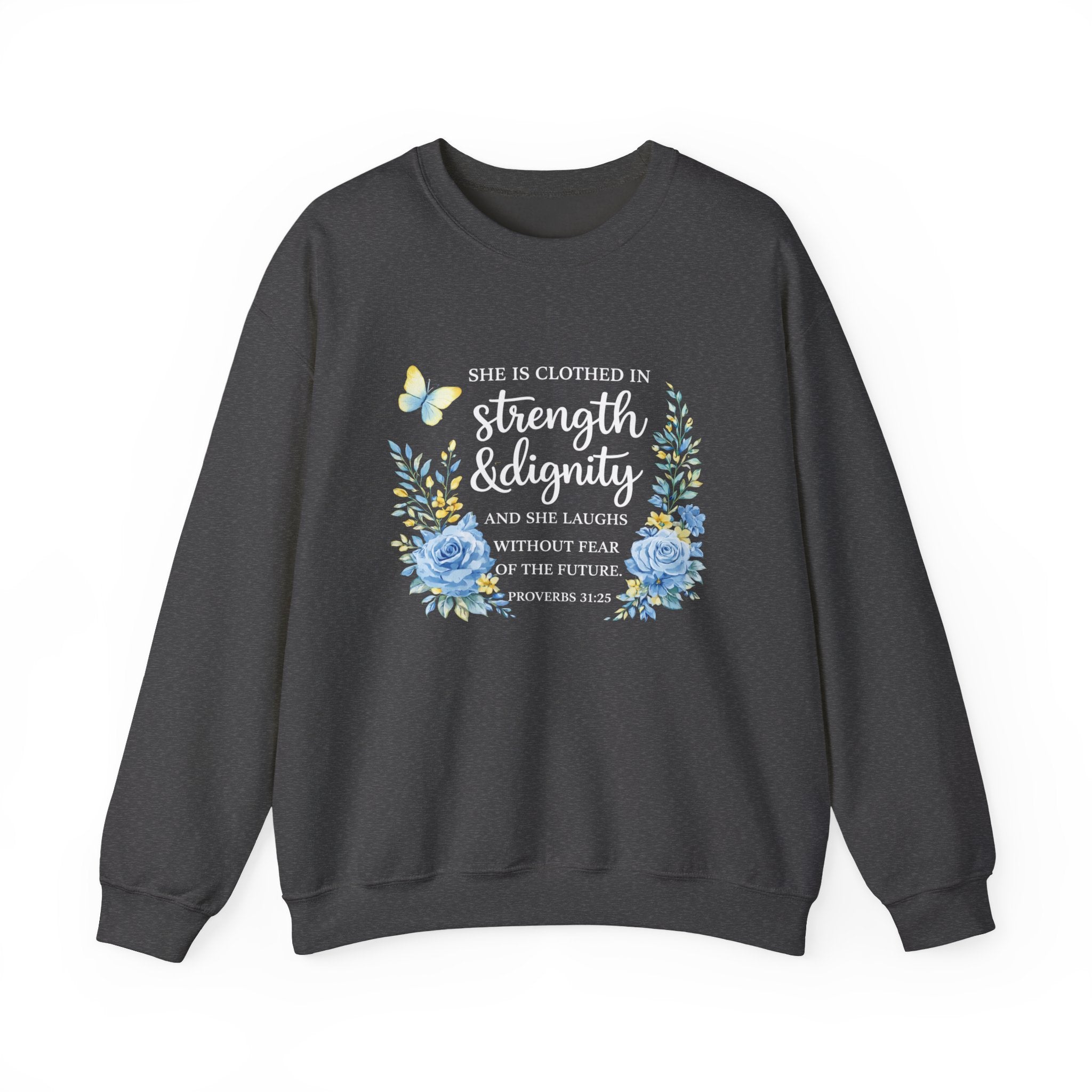 Womens Strength & Dignity Crewneck Sweatshirt — Inspirational Floral Scripture Design