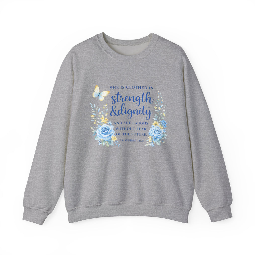 Womens Strength & Dignity Crewneck Sweatshirt — Inspirational Floral Scripture Design