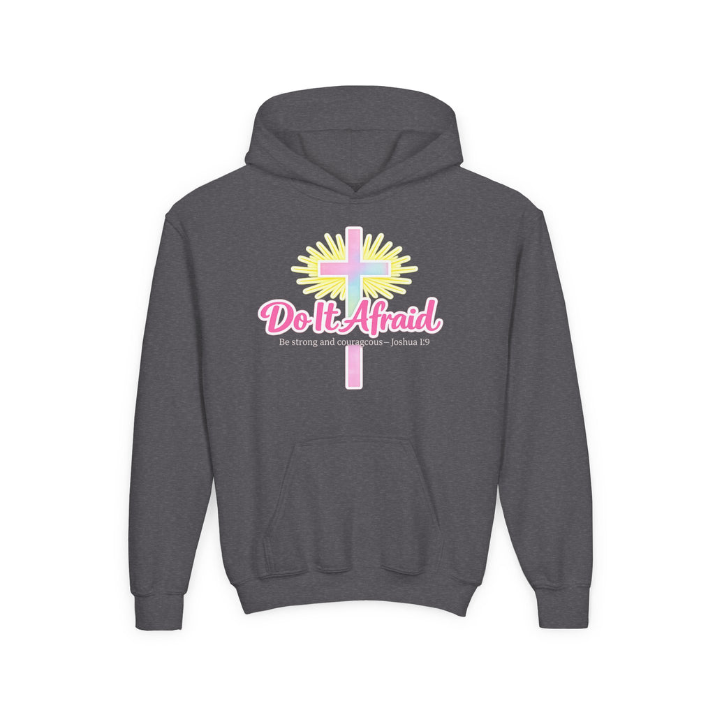 Youth Hoodie — "Do It Afraid" Christian Cross Inspirational Sweatshirt (Joshua 1:9)