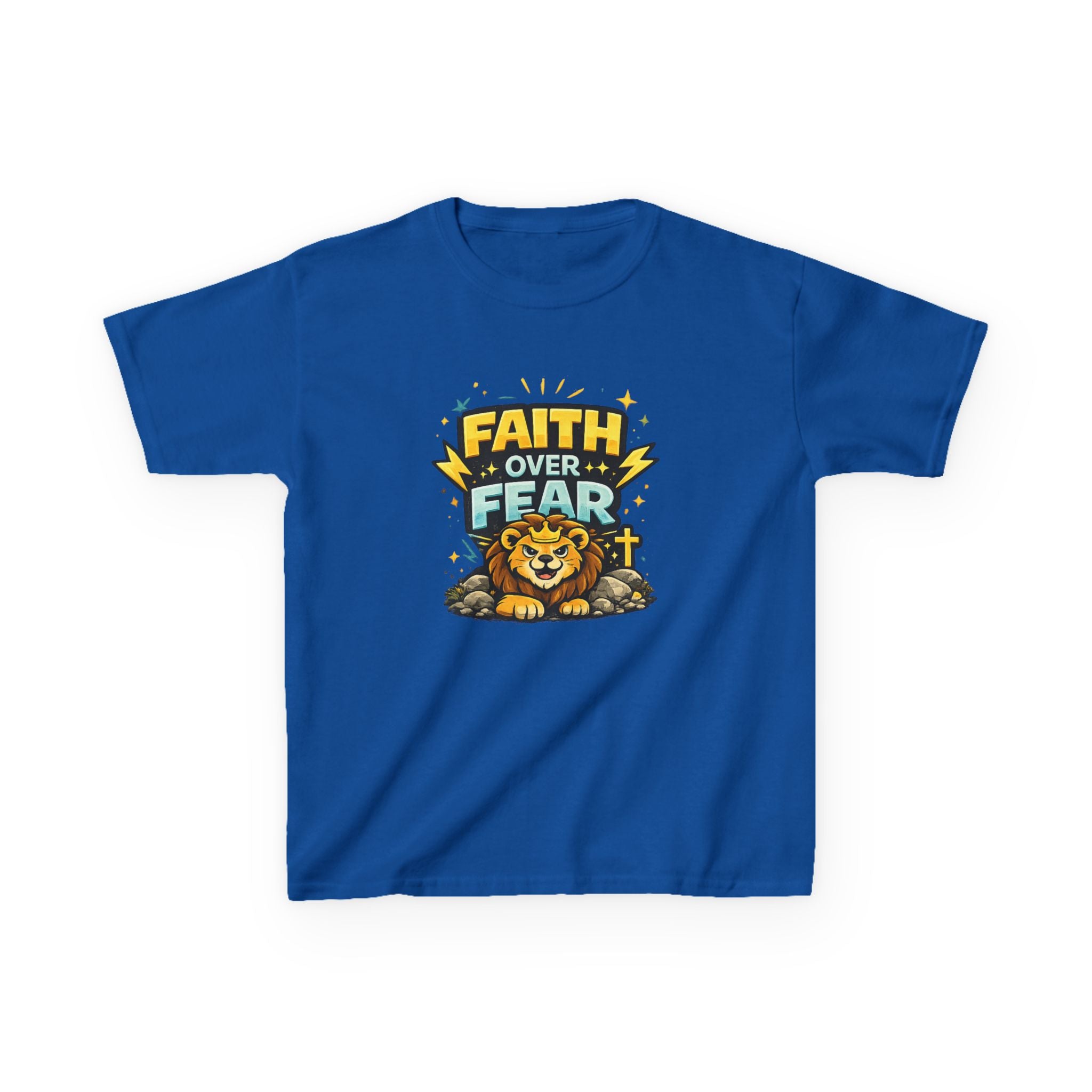 Kids Tee — "Faith Over Fear" Lion Graphic Christian Shirt
