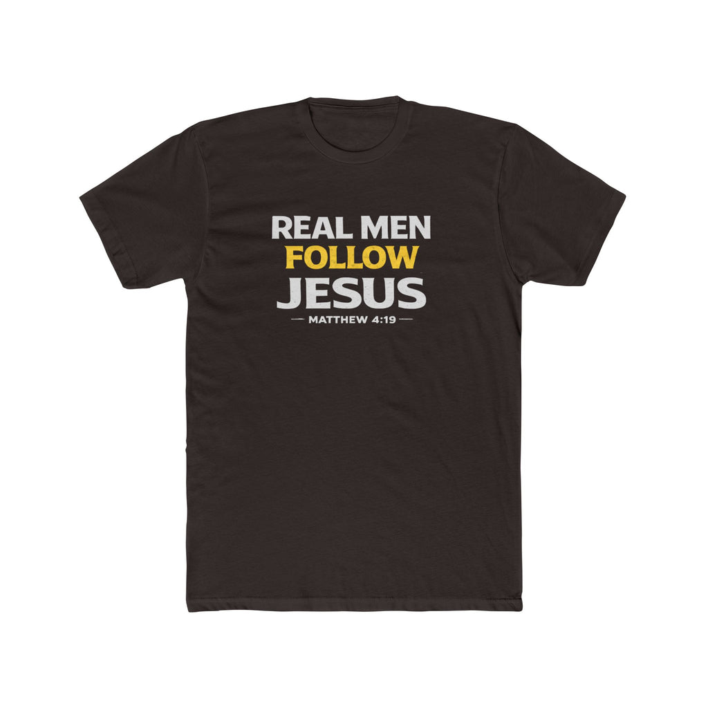 Real Men Follow Jesus Cotton Tee — Matthew 4:19 Christian Faith T-Shirt