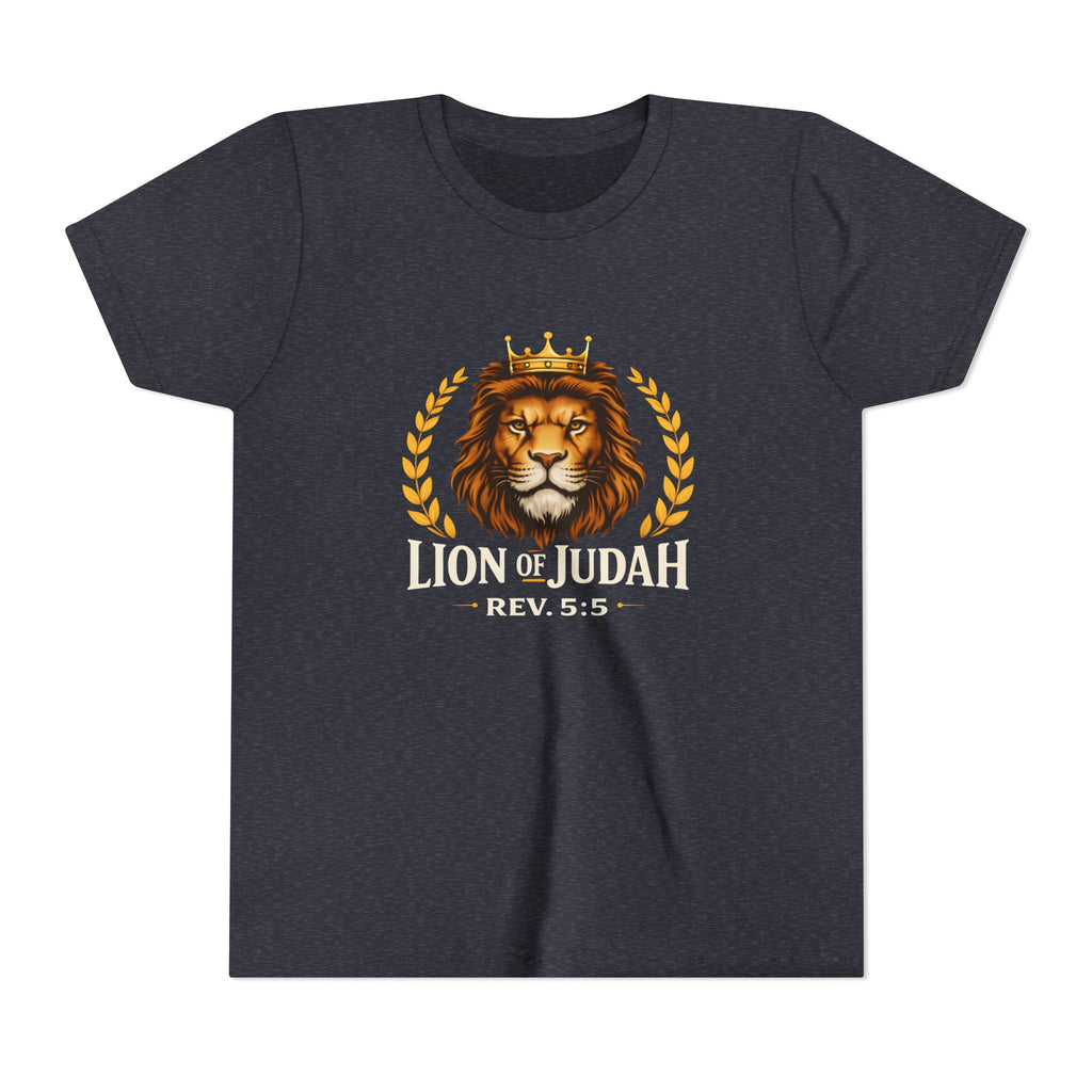 Boys Youth T-Shirt — 'Lion of Judah' Crowned Lion Biblical Tee (Rev. 5:5)