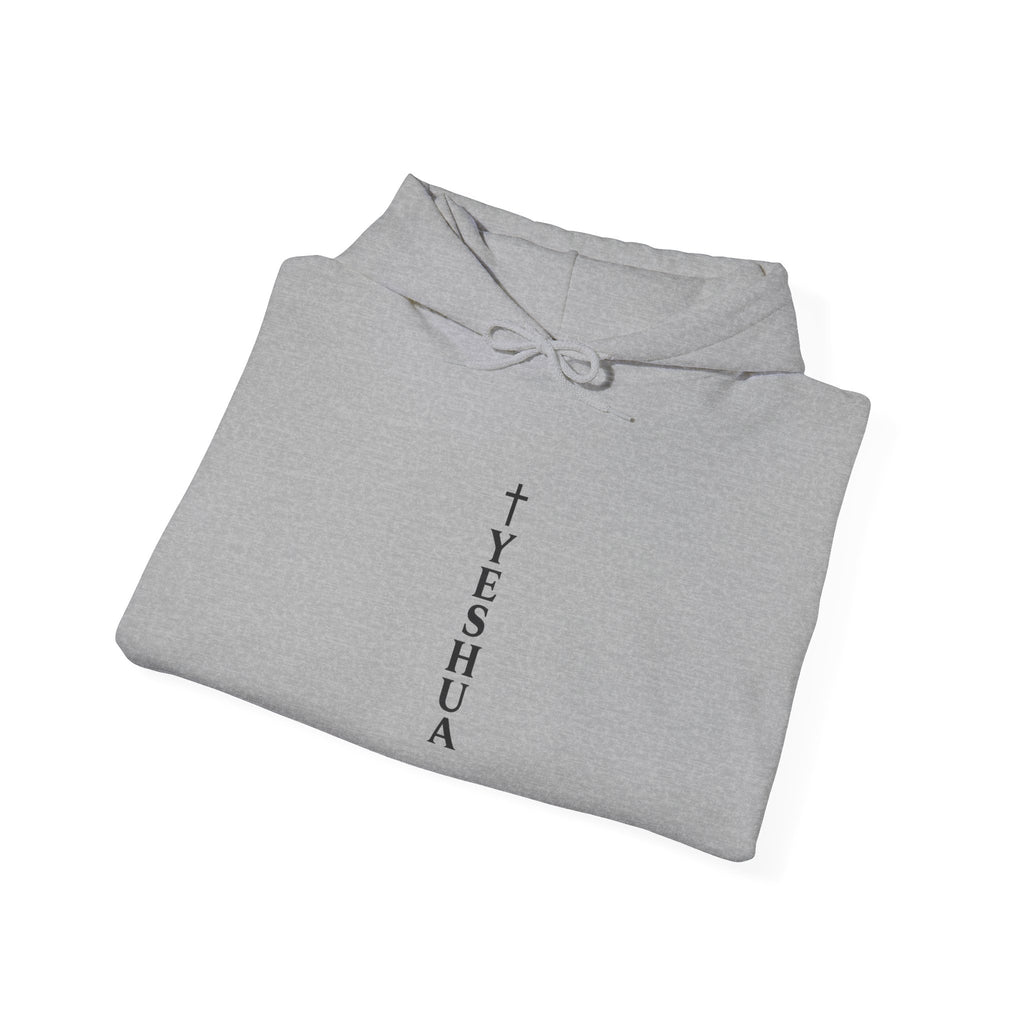 Mens Yeshua Vertical Cross Hoodie — Minimal Christian Faith Pullover