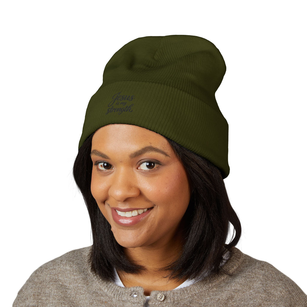 Embroidered 'Jesus Is My Strength' Cuffed Beanie