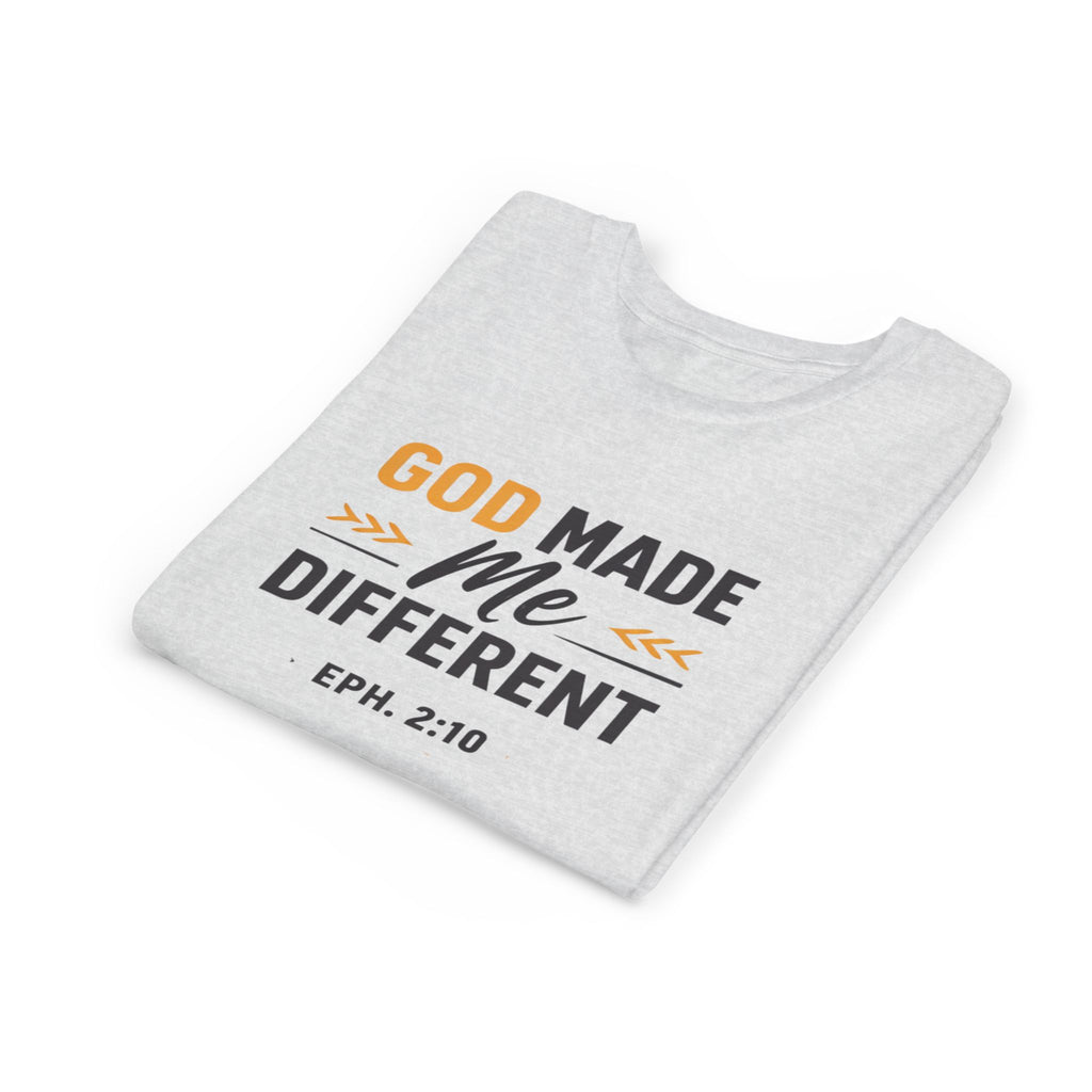 Girls Youth Tee – "God Made Me Different" Christian Kids T‑Shirt (Eph. 2:10)