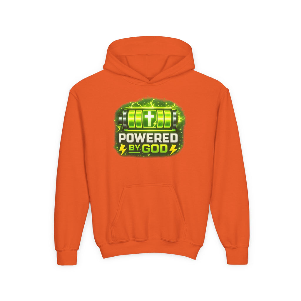 Youth Hoodie — "Powered by God" Green Battery Christian Sweatshirt