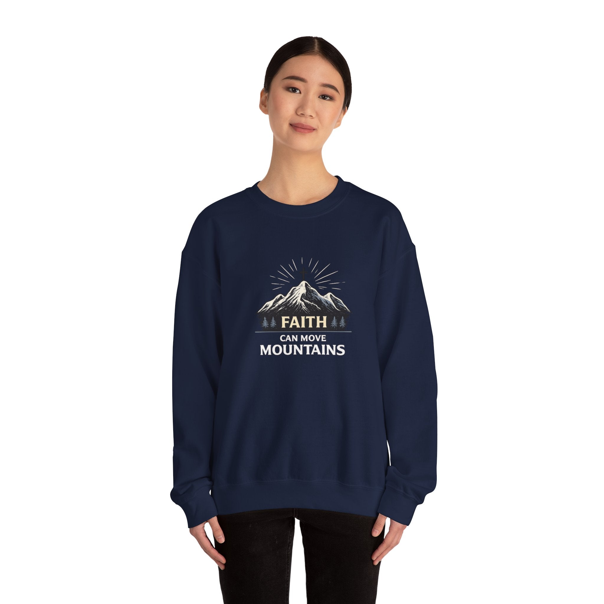Womens Faith Can Move Mountains Crewneck Sweatshirt – Christian Inspirational Pullover
