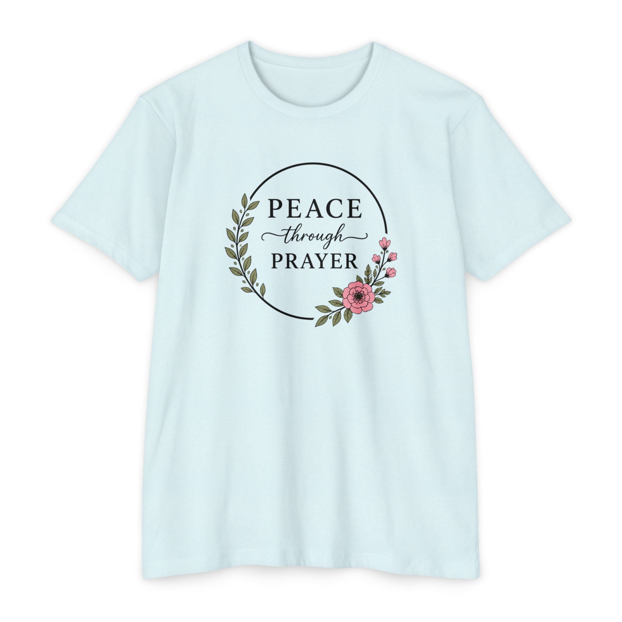 Womens Peace Through Prayer T-Shirt | Christian Faith Cross