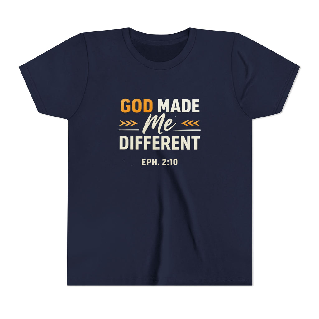 Girls Youth Tee – "God Made Me Different" Christian Kids T‑Shirt (Eph. 2:10)