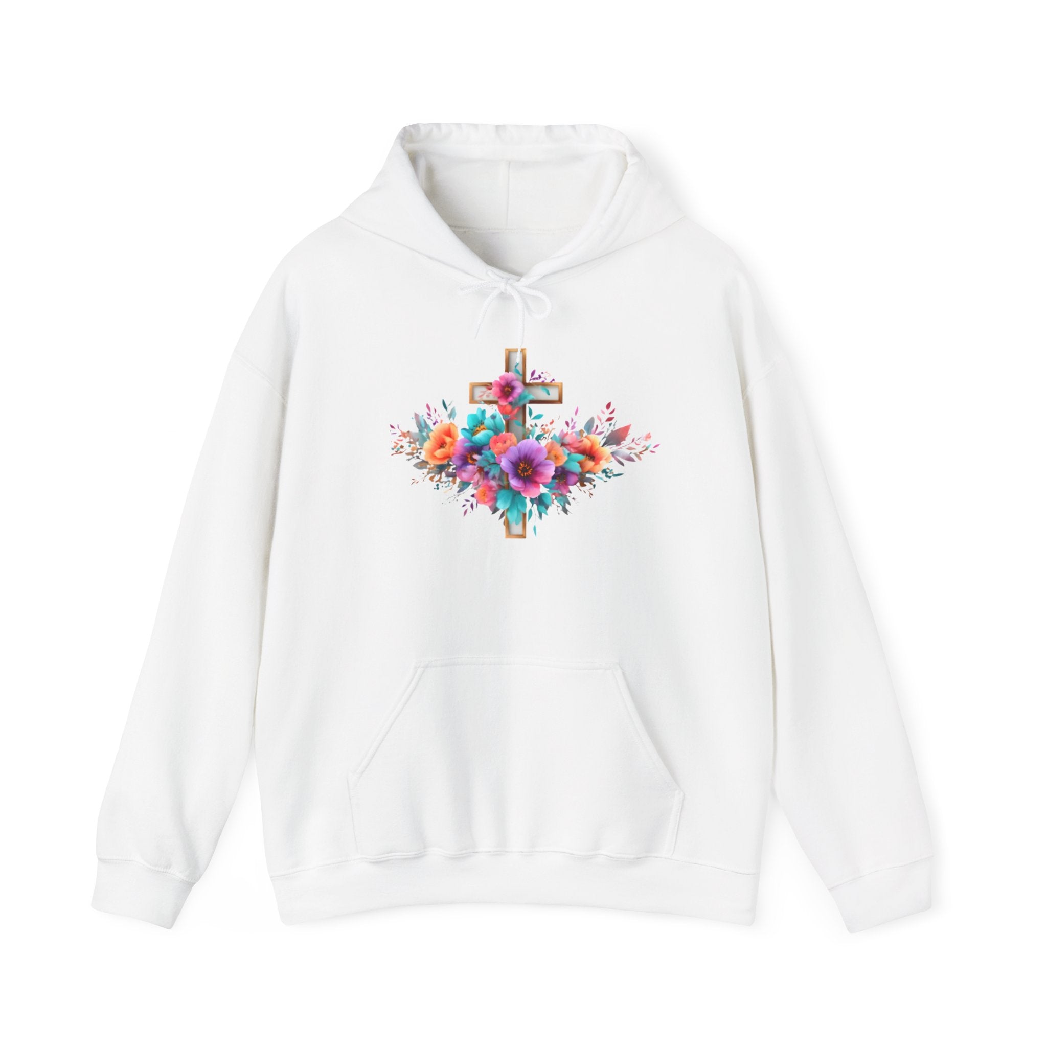 Floral Cross Hoodie – Colorful Watercolor Flowers Religious Sweatshirt