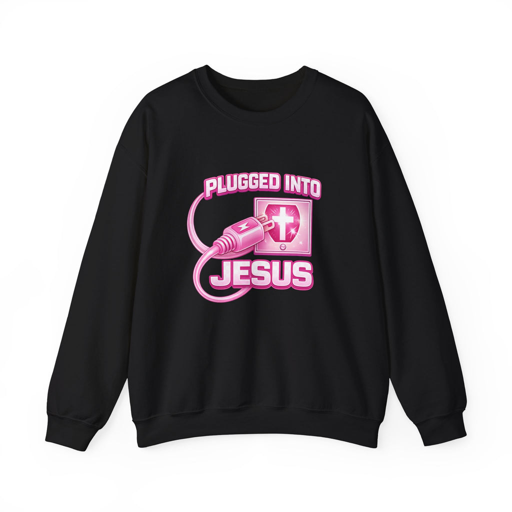 Womens Christian Crewneck Sweatshirt — "Plugged Into Jesus" Pink Graphic